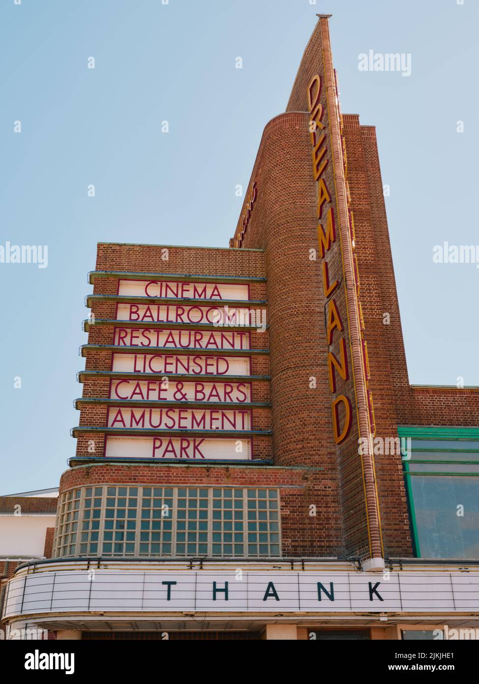 The iconic Art Deco seafront entrance facade of Dreamland amusement Park in Margate Kent England UK - seaside architecture design sign Stock Photo