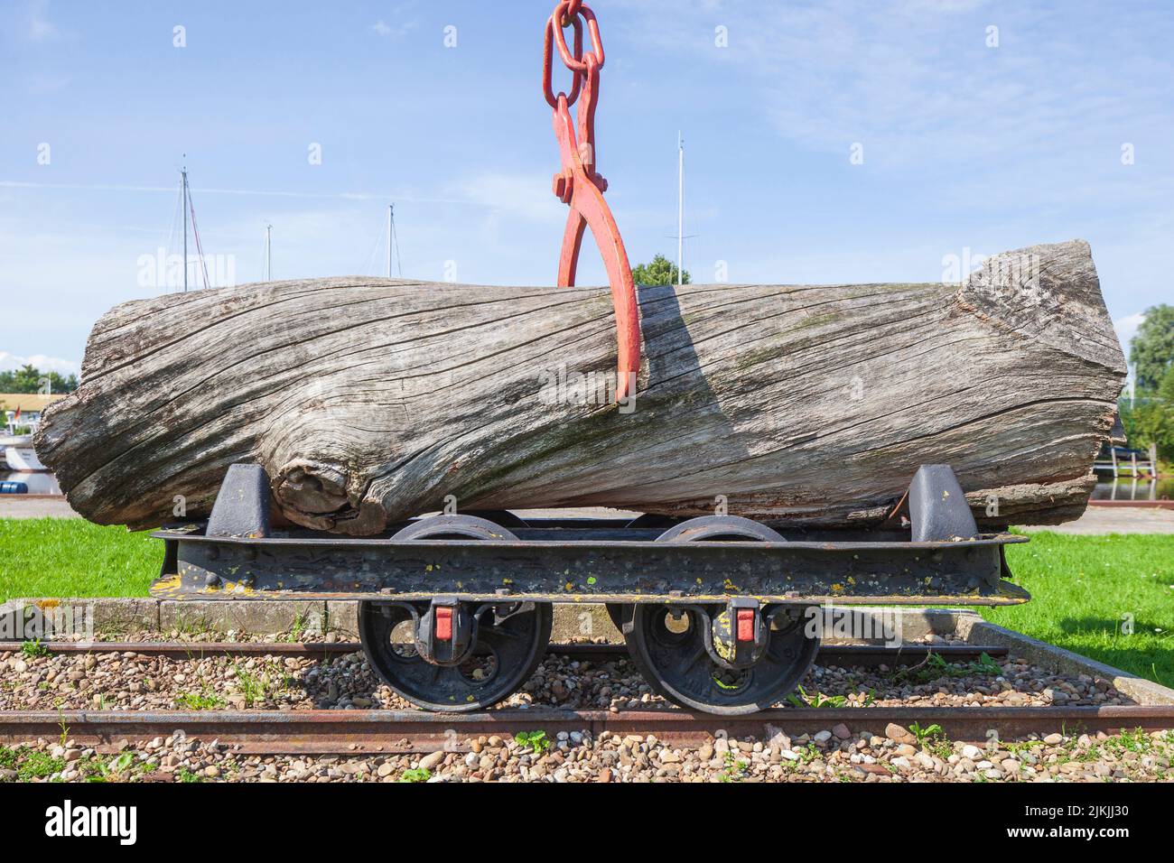 Old wooden lifting crane in Varel harbor, Varel, Lower Saxony, Germany, Europe Stock Photo