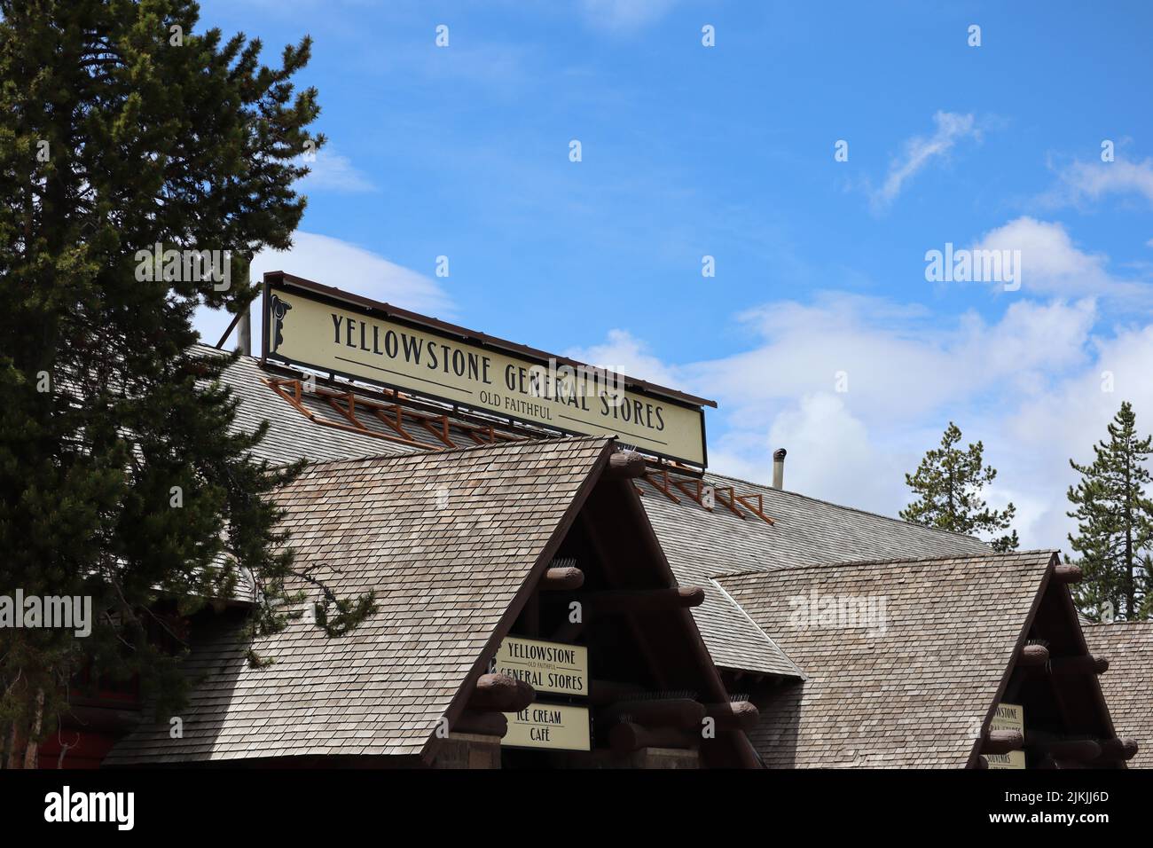 The inscription of Yellowstone National Park General Stores against the sky. Stock Photo