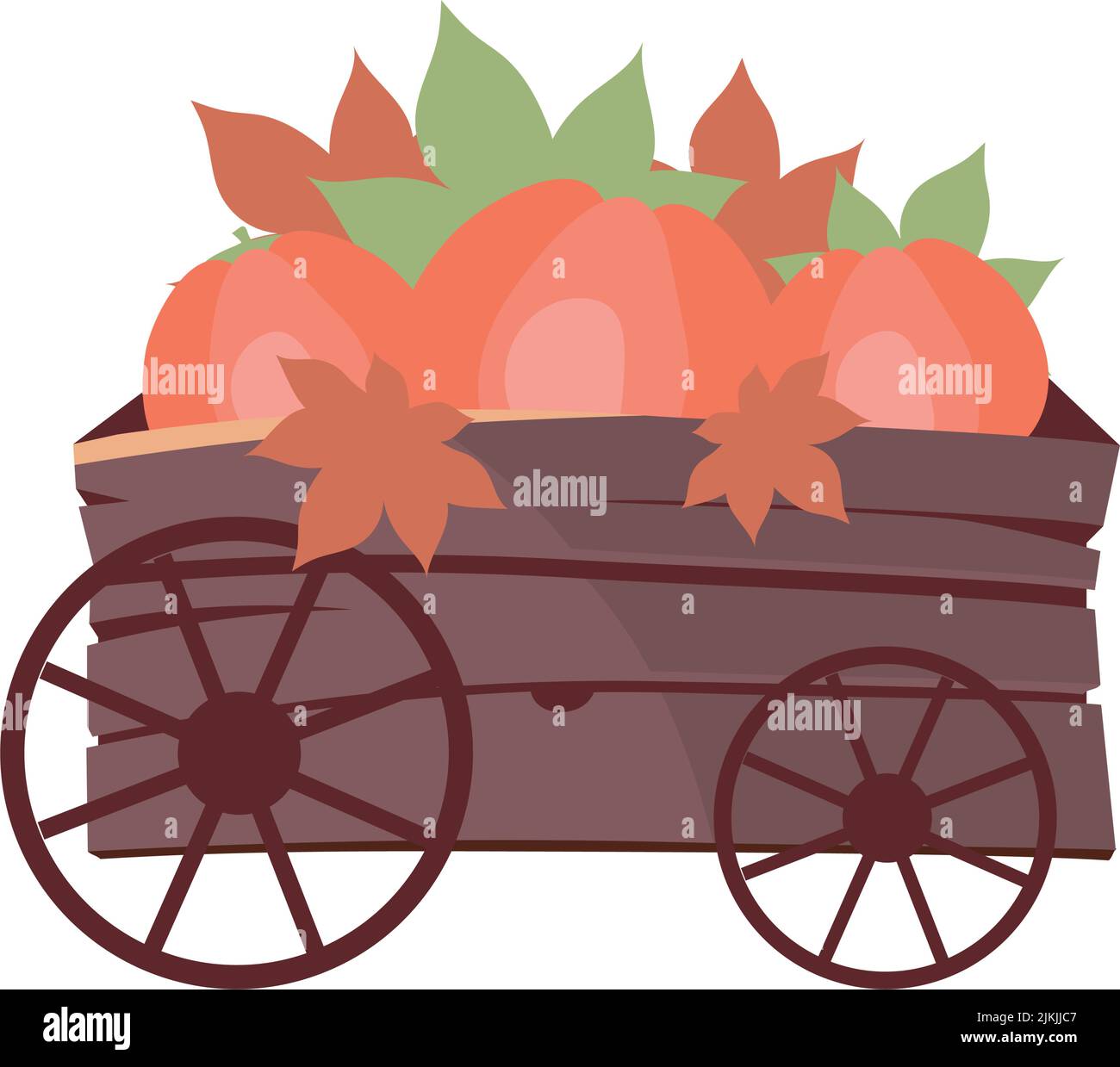 Wagon with pumpkins and red leaves semi flat color vector object Stock Vector