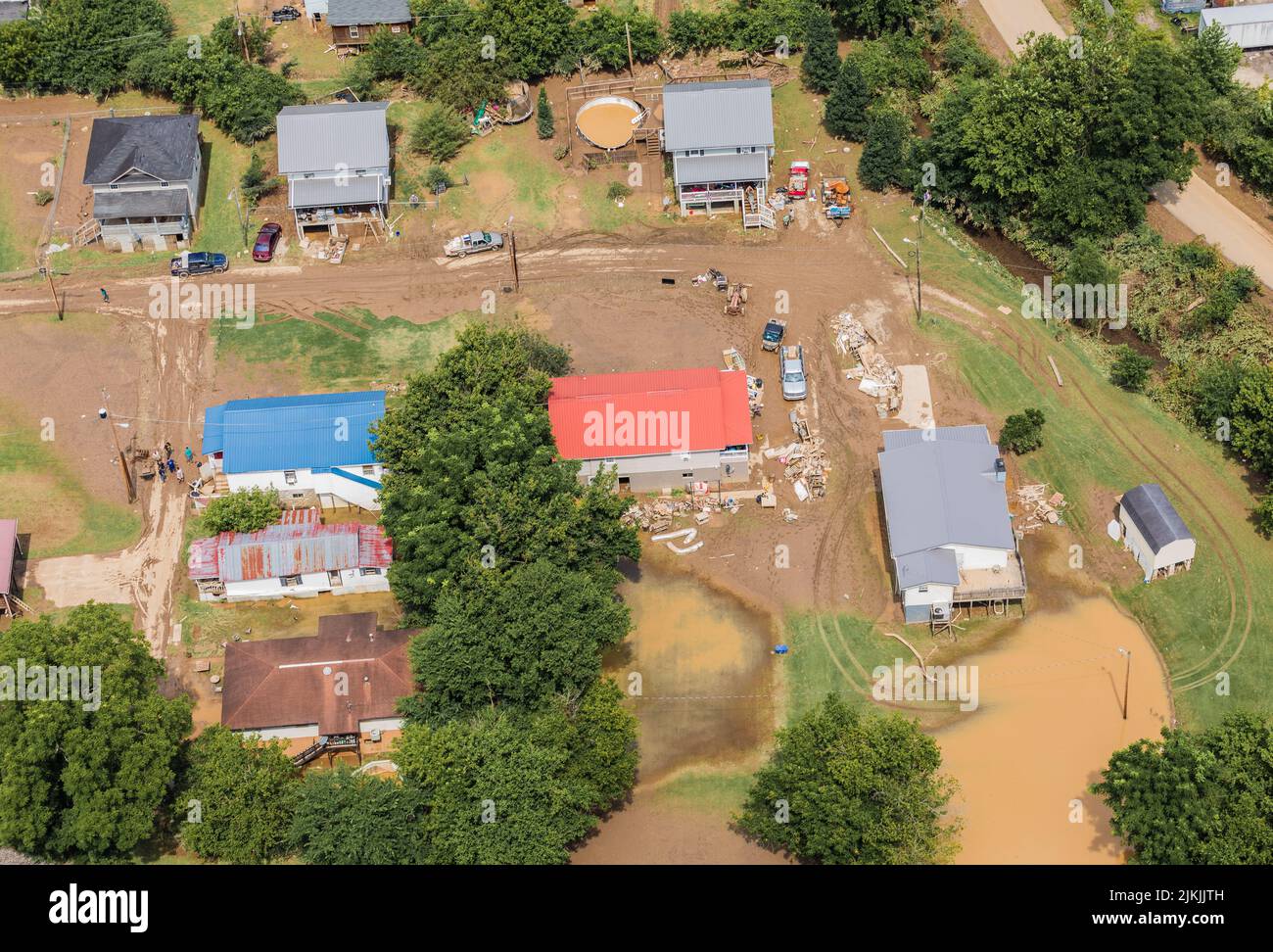 Frankfort, United States of America. 30 July, 2022. Kentucky National Guard helicopter team perform an overflight to assess areas effected by floodwaters after record rains fell on Eastern Kentucky killing at least 35 people and forcing evacuation of thousands of people, July 30, 2022 in Frankfort, Kentucky.  Credit: Spc. Danielle Sturgill/Kentucky National Guard/Alamy Live News Stock Photo