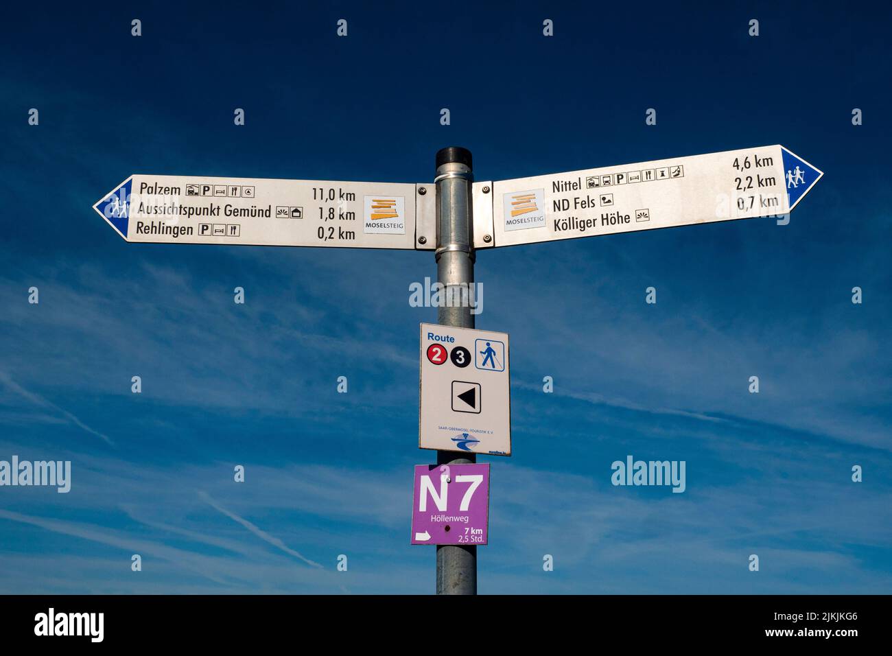 Moselsteig, stage 2, Palzem-Nittel, Upper Mosel, signpost in Rehlingen, Rhineland-Palatinate, Germany Stock Photo