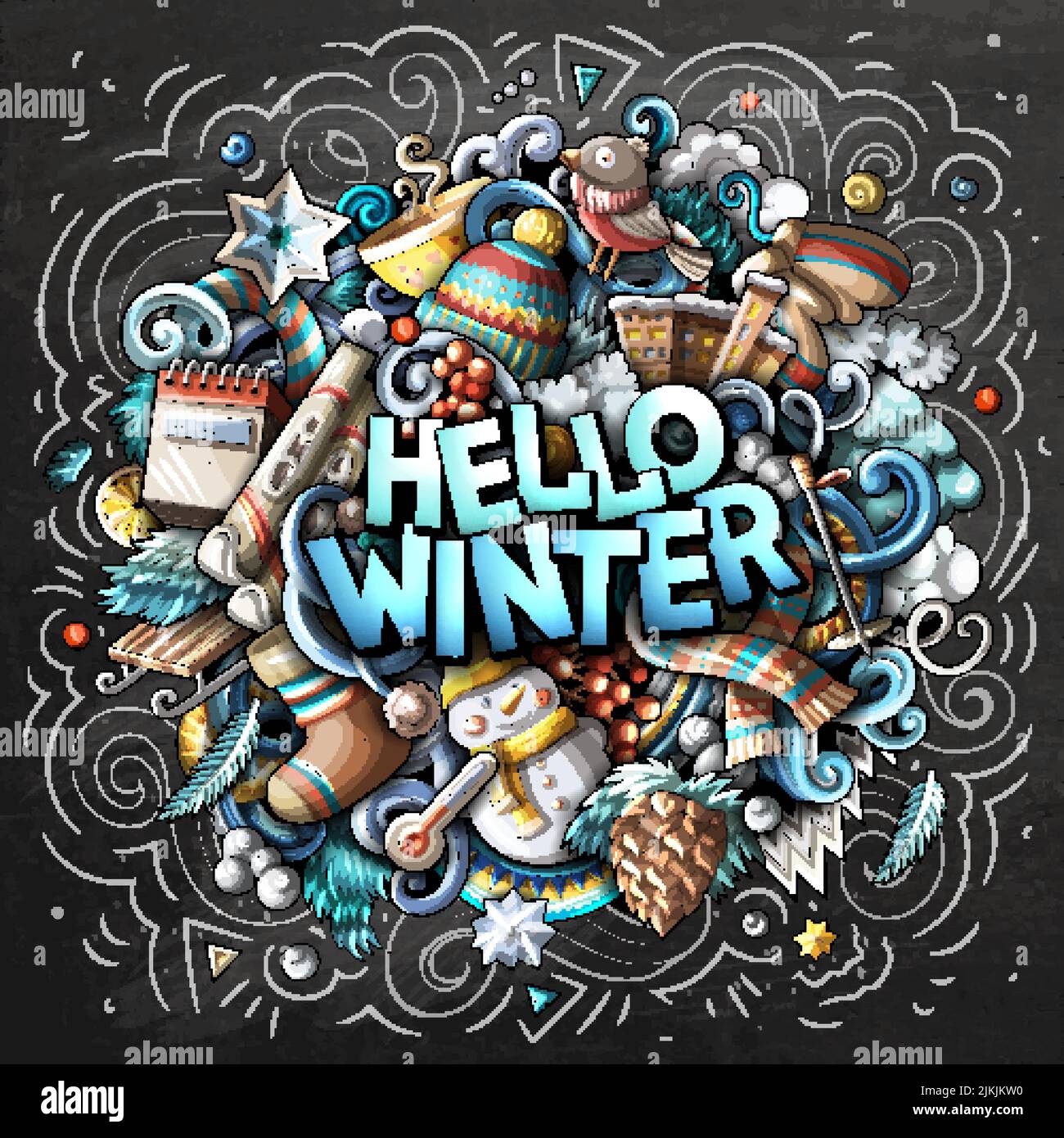 Hello Winter hand drawn doodles colorful vector illustration Stock ...