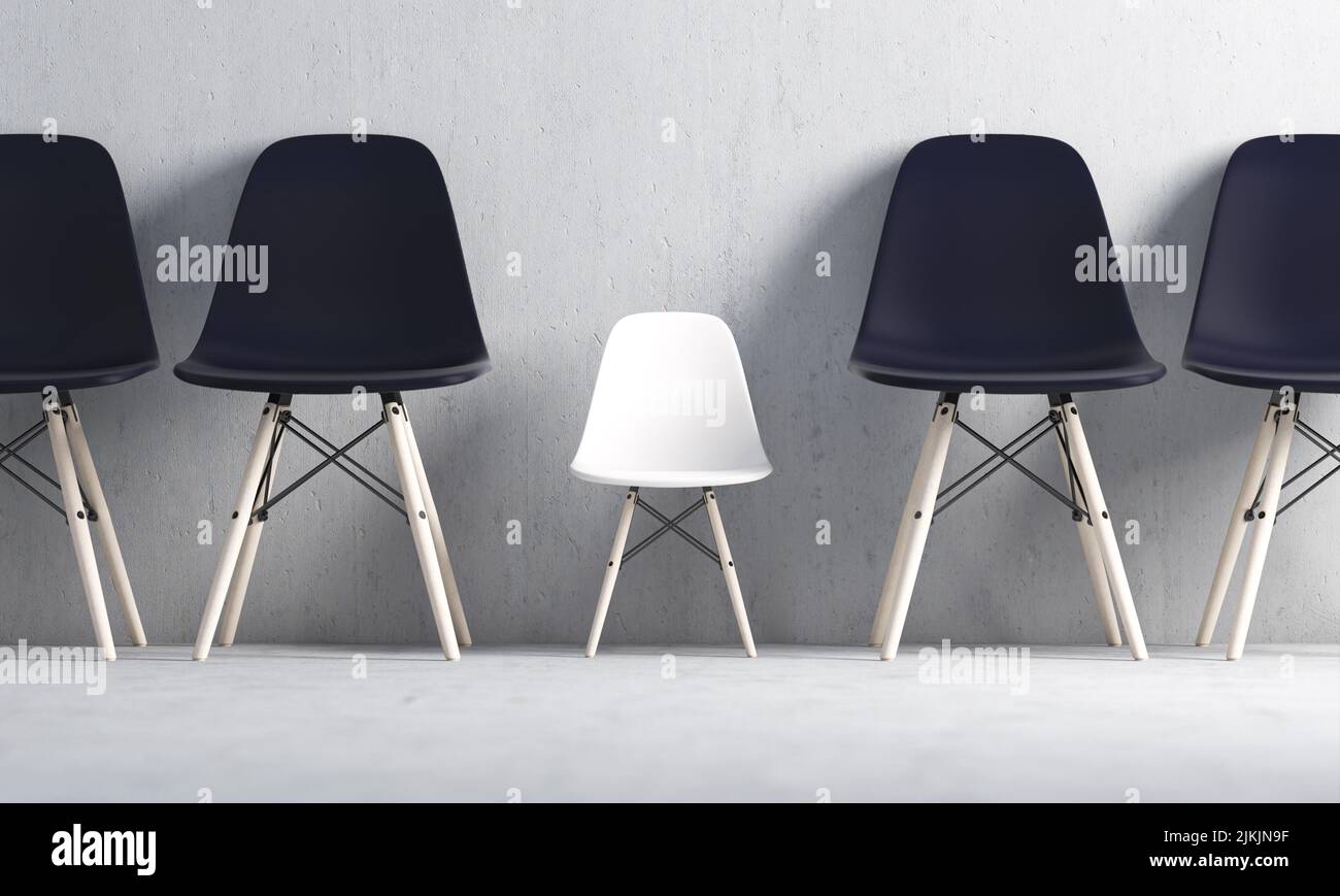 black chairs and small white chair. diversity concept. 3d render Stock Photo