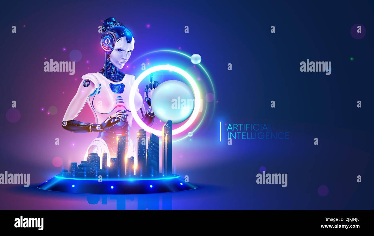 Beautiful Robot woman standing at the interactive table with hologram of smart city. Cyborg work with virtual abstract spherical interface. AI or Stock Vector