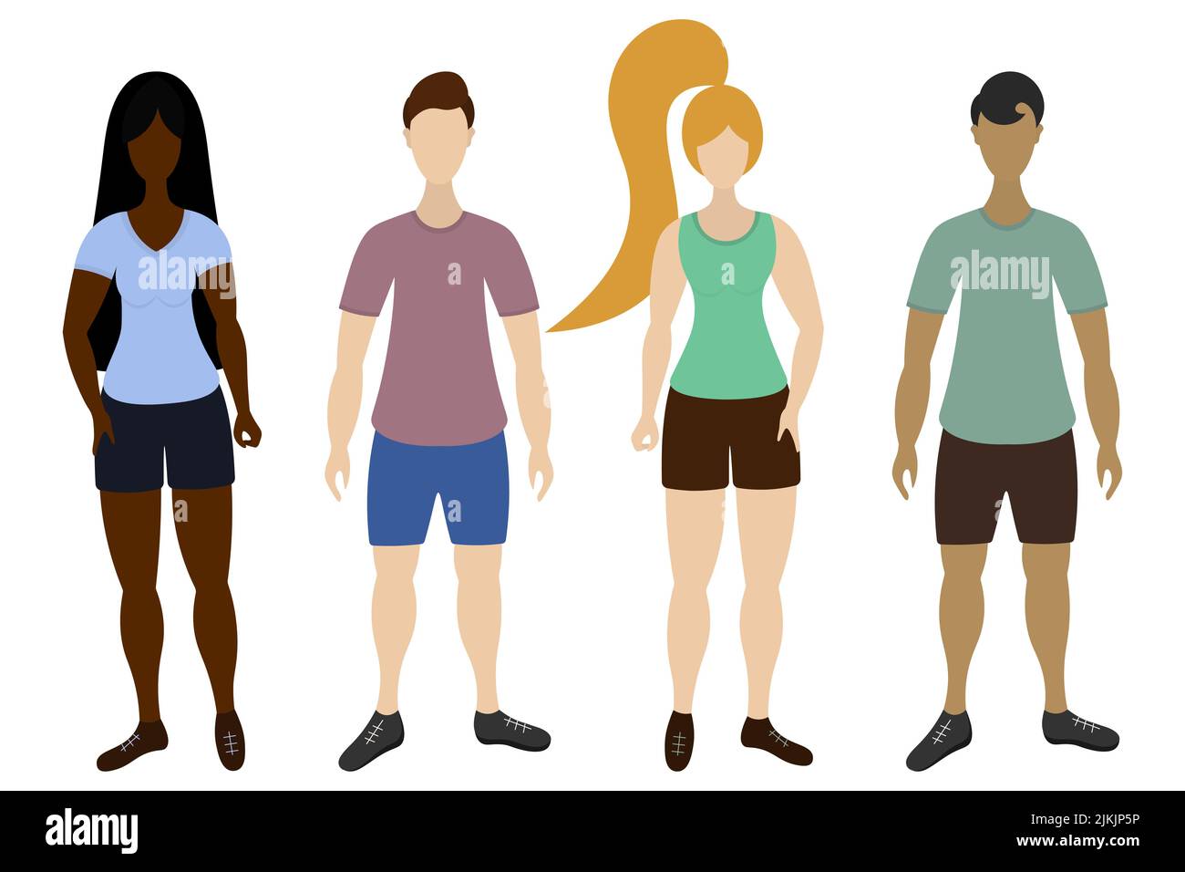 A group of athletes. Men and women of different skin tones. Color vector illustration. People in t-shirts, shorts and sneakers. Isolated background. Stock Vector
