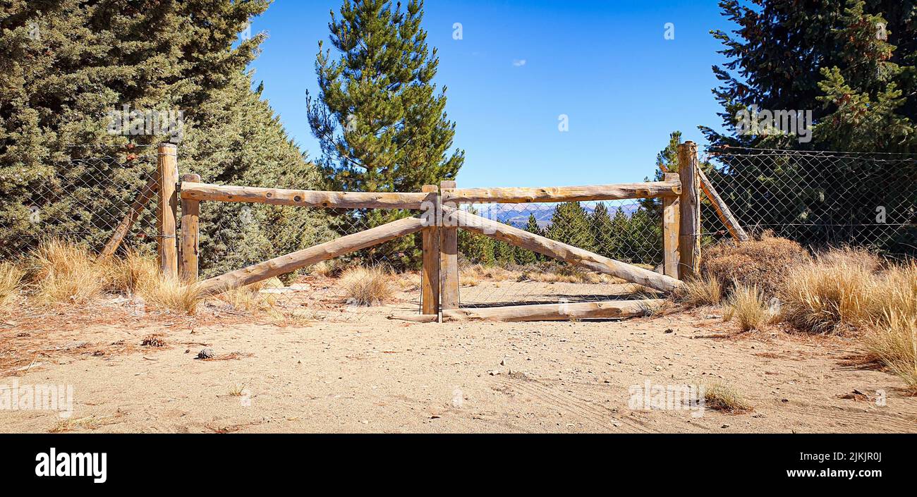 A closeup shot of wooden gates of a rancho with green trees and blue sky background Stock Photo