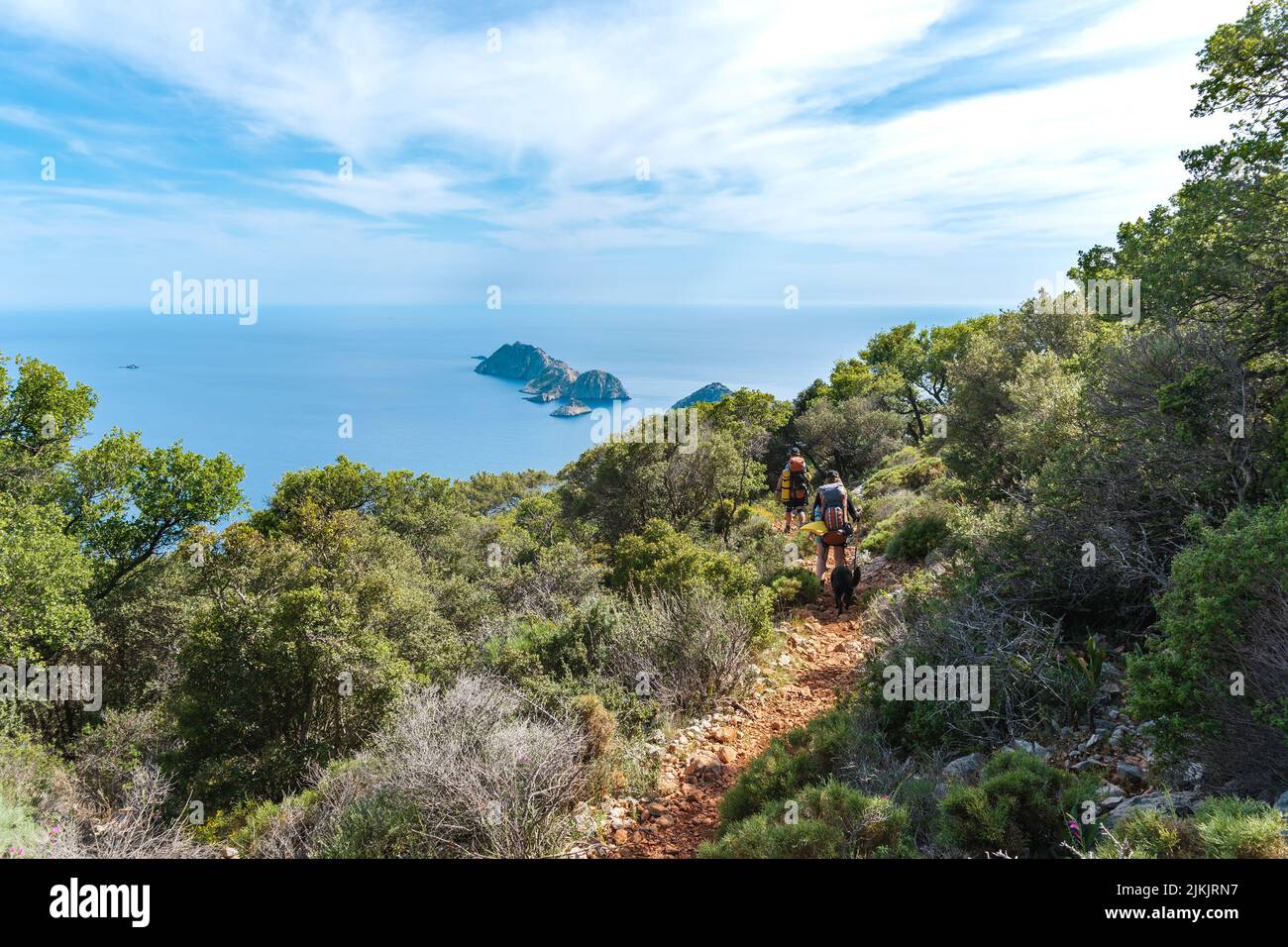 Young couple at looking at the scene at Cape Gelidonya Lighthous Stock Photo