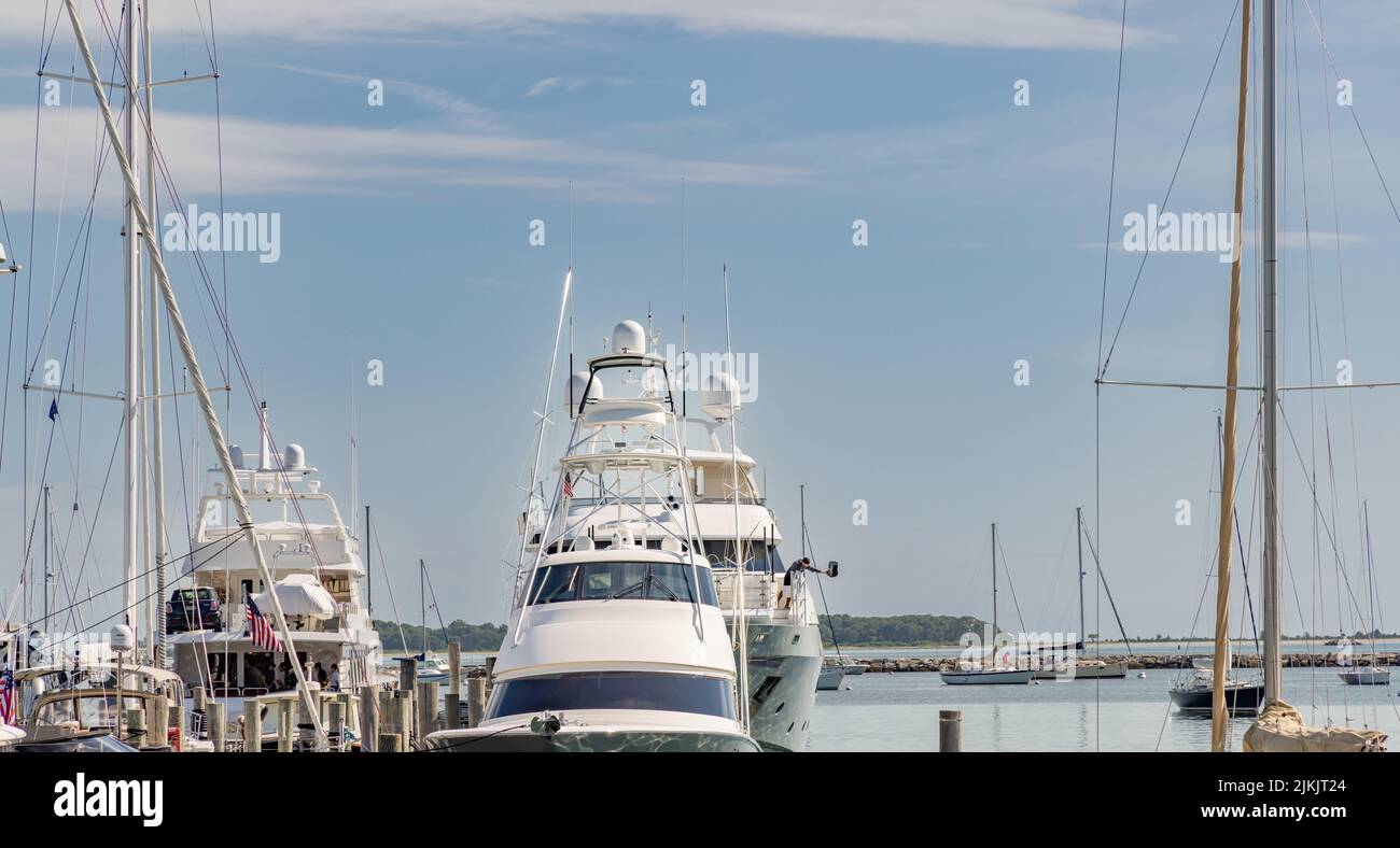 Boats at Waterfront Marina in Sag Harbor, NY Stock Photo