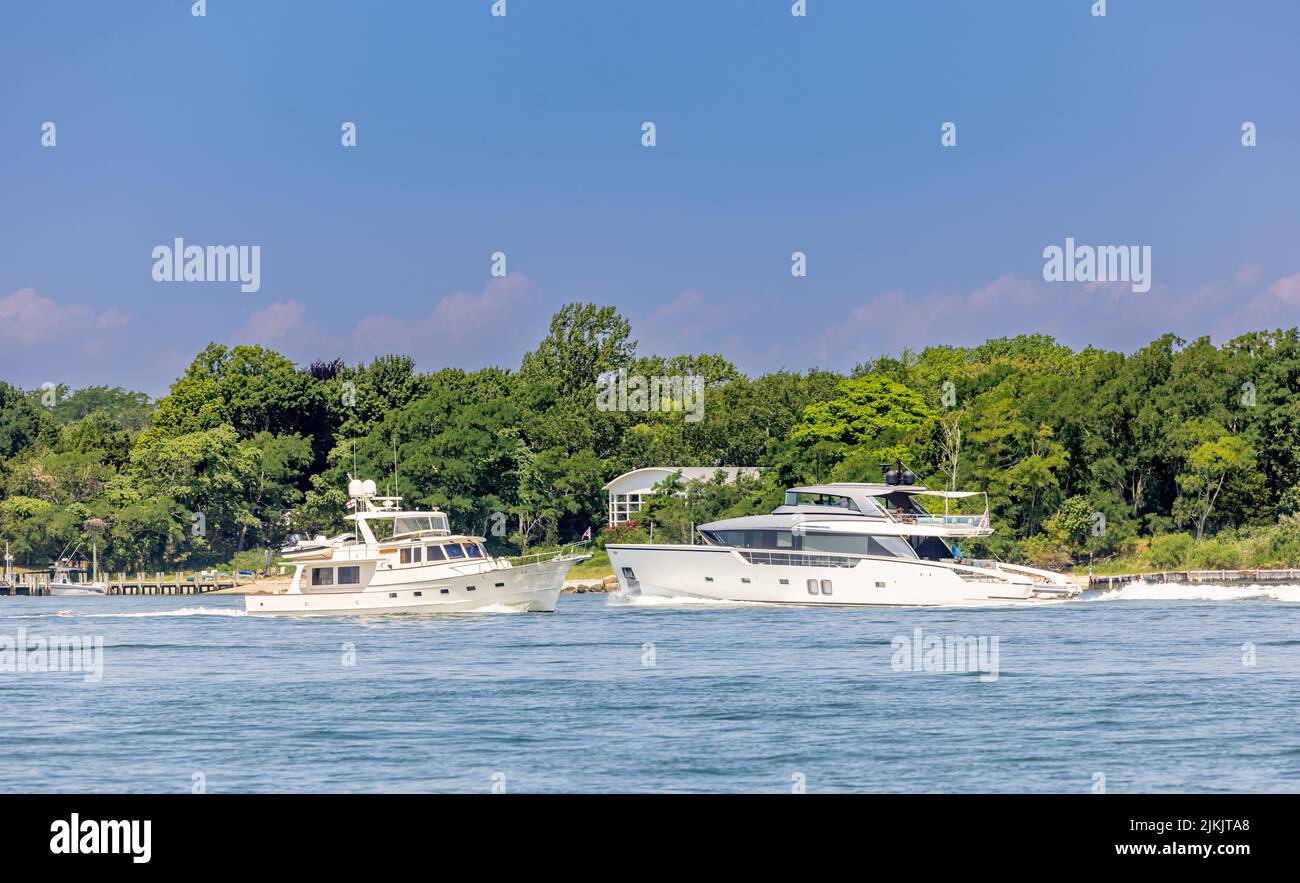 Two yachts meeting each other of North Haven Stock Photo