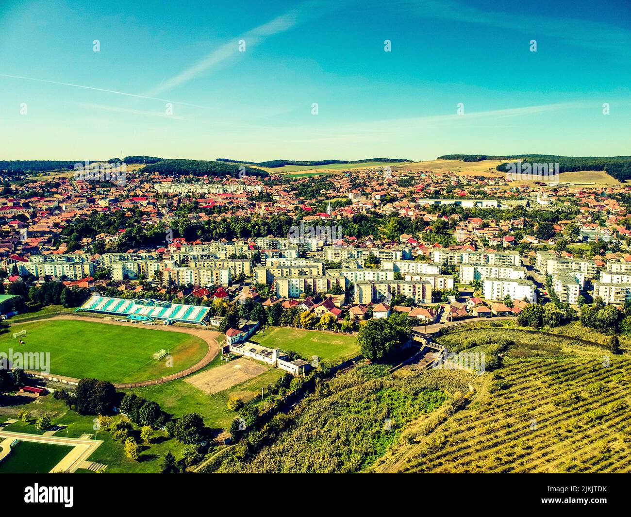 An aerial view of the beautiful city of Reghin in Romania Stock Photo