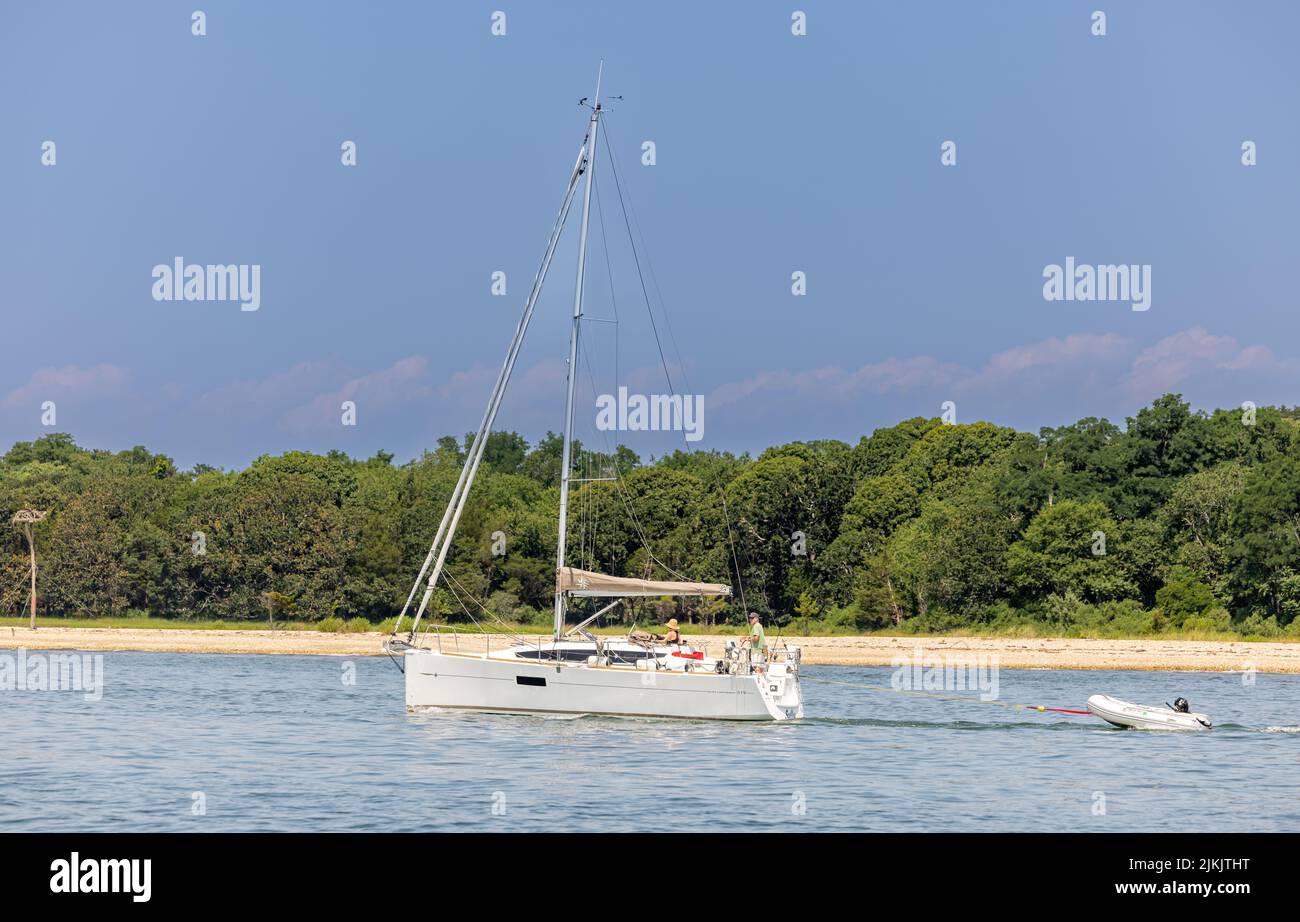 Private sail boat, Sully underway off Shelter Island, NY Stock Photo