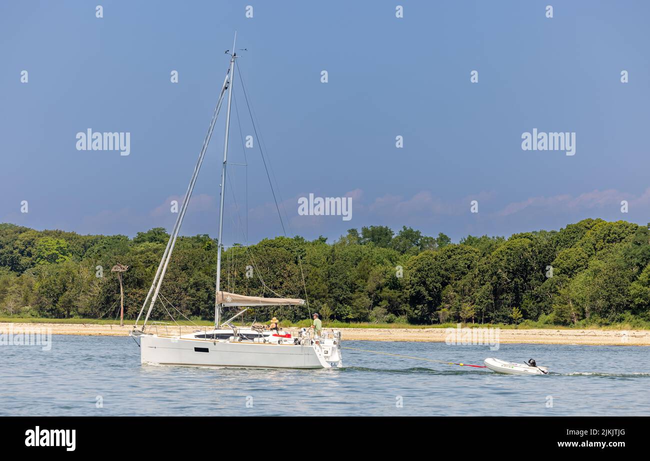 Private sail boat, Sully underway off Shelter Island, NY Stock Photo