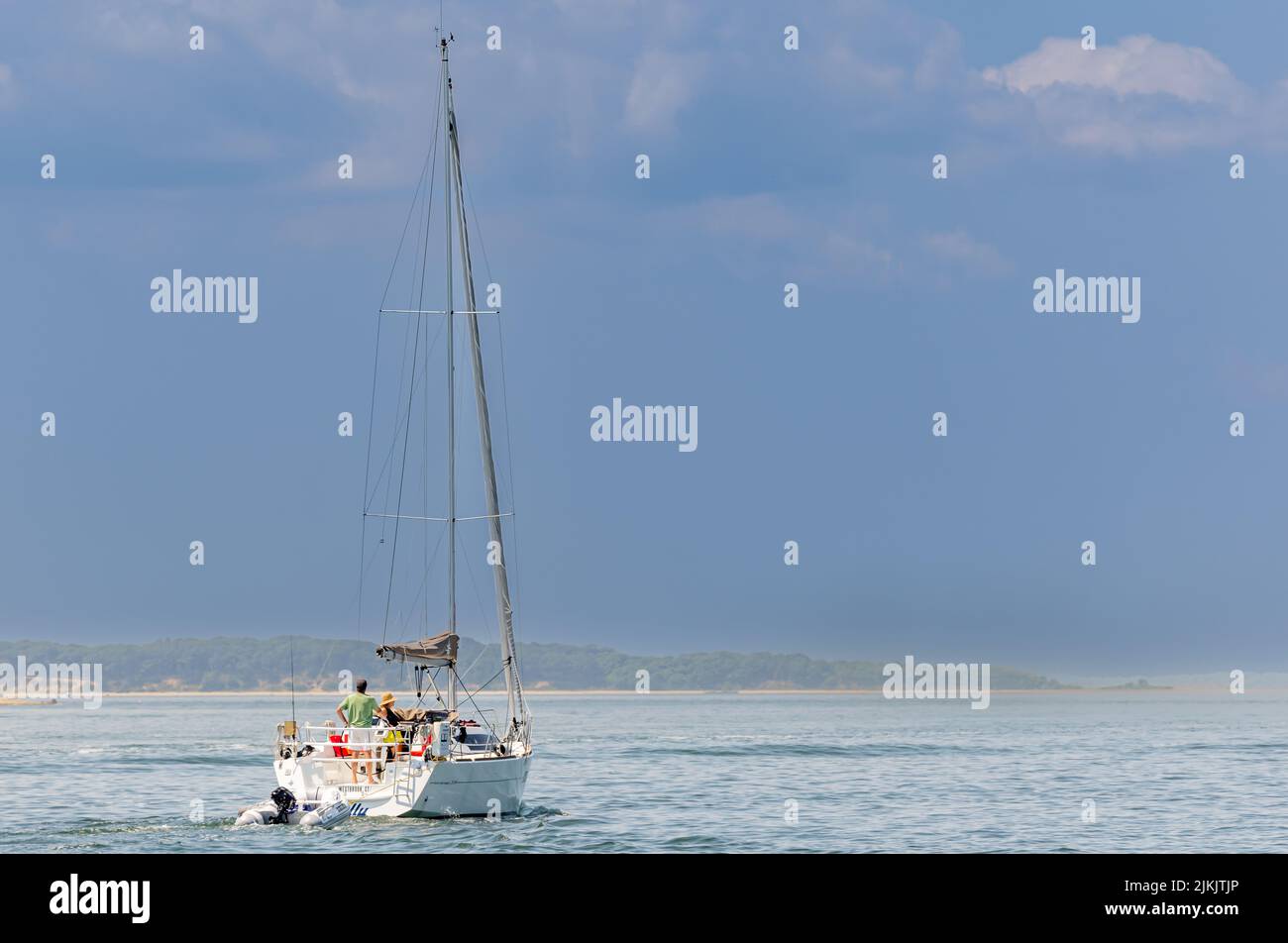 Private sail boat, Sully underway off Shelter Island, NY Stock Photo