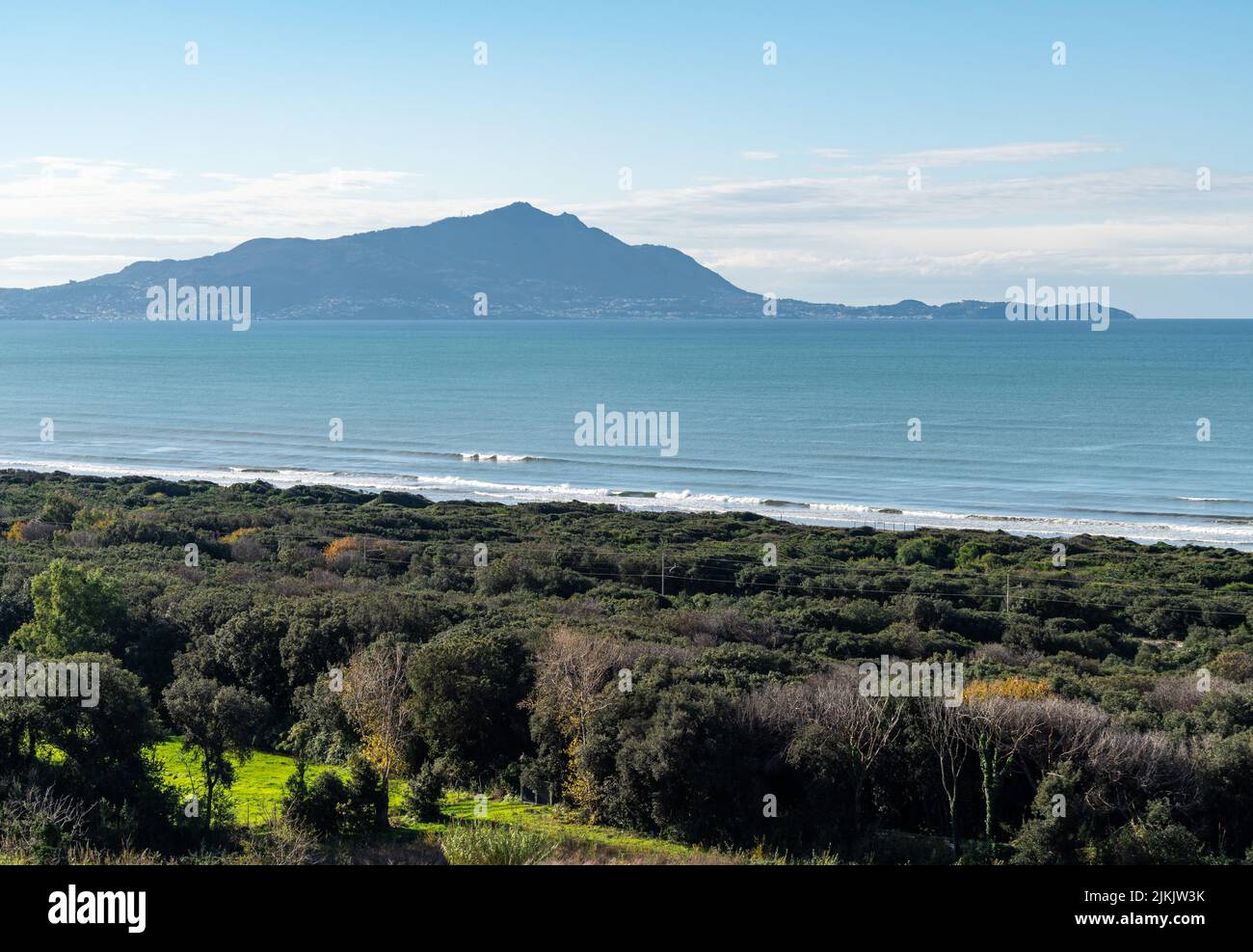 Scenic coastal landscape with Ischia island viewed from Cumae archaeological park, Pozzuoli, Campagnia region, Italy Stock Photo