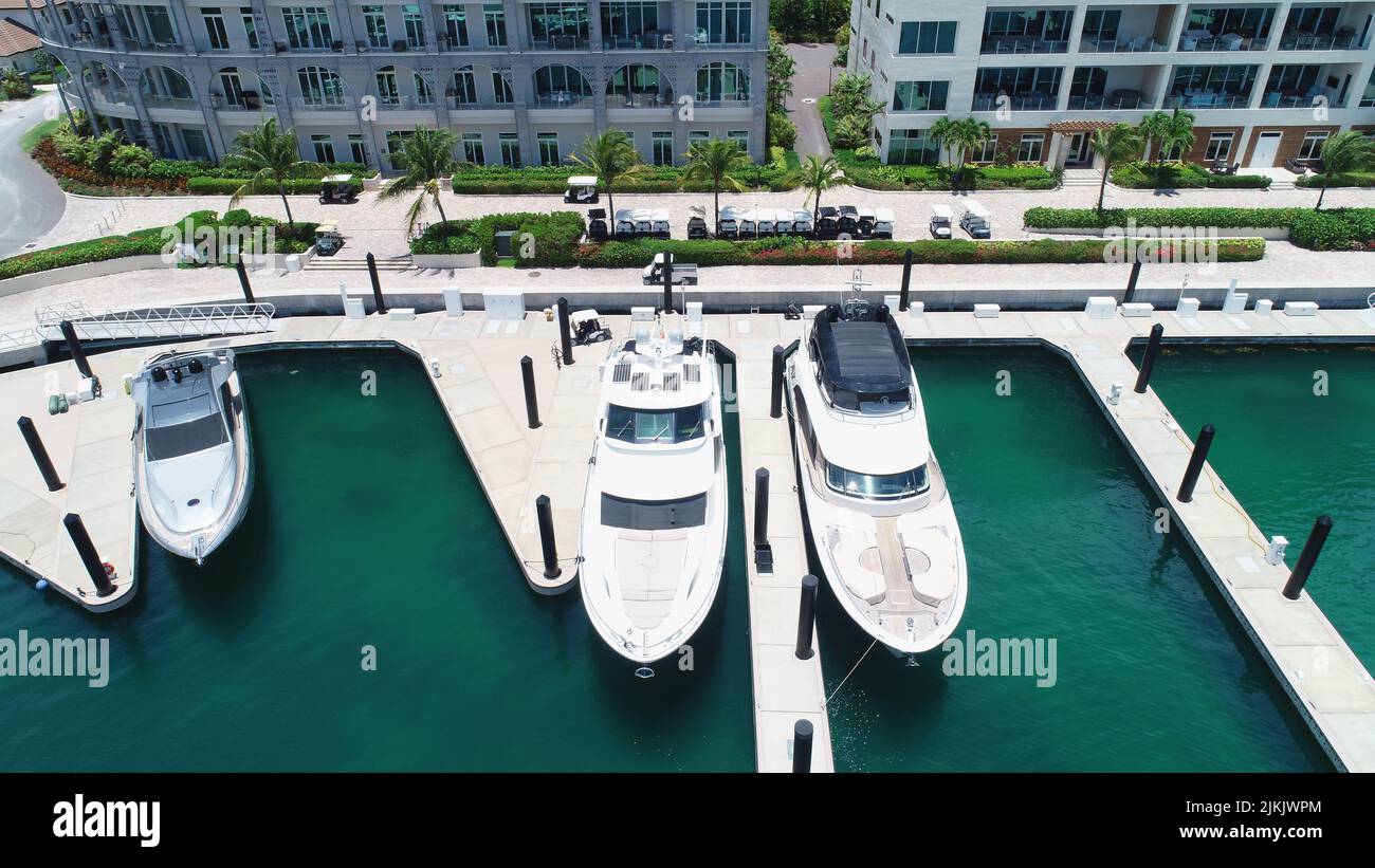 A scenic view of boats at the Albany Marina, the Bahamas, on a sunny day Stock Photo
