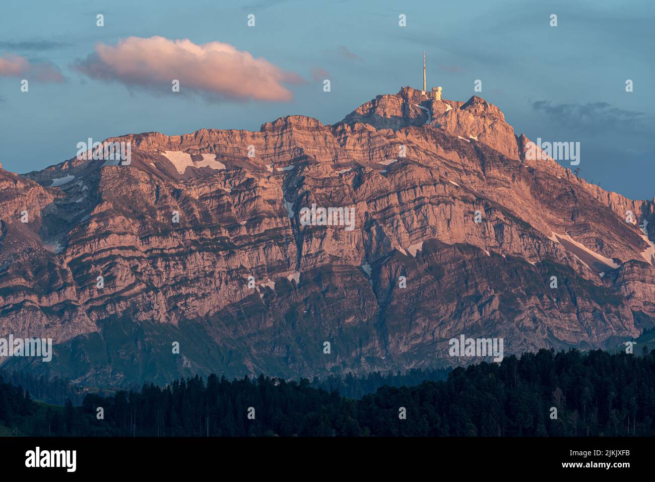 A scenic view of an Alpstein and Santis mountain during the sunset Stock Photo