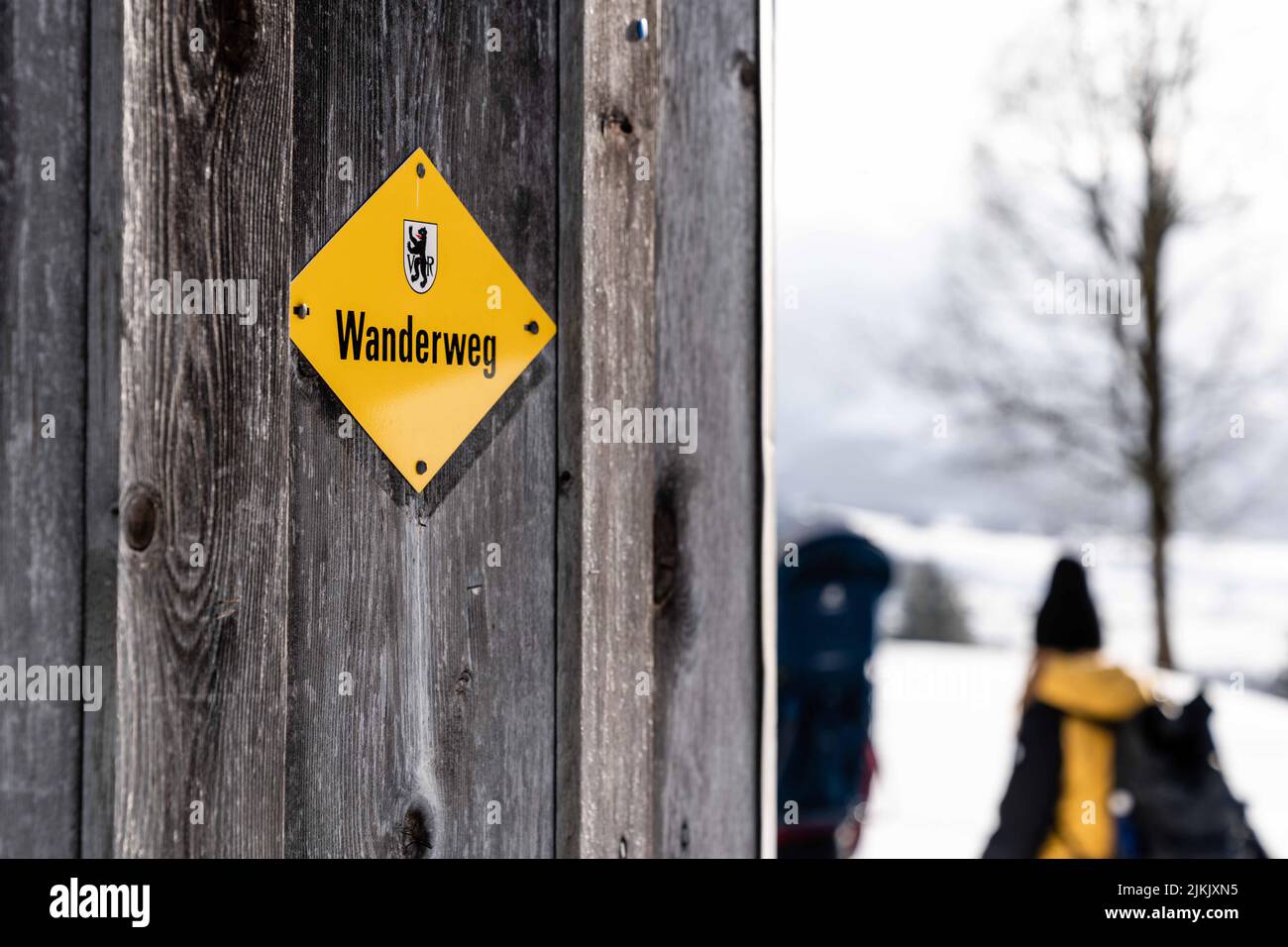 A closeup of an official hiking trail sign in the Appenzell Ausserrhoden Stock Photo