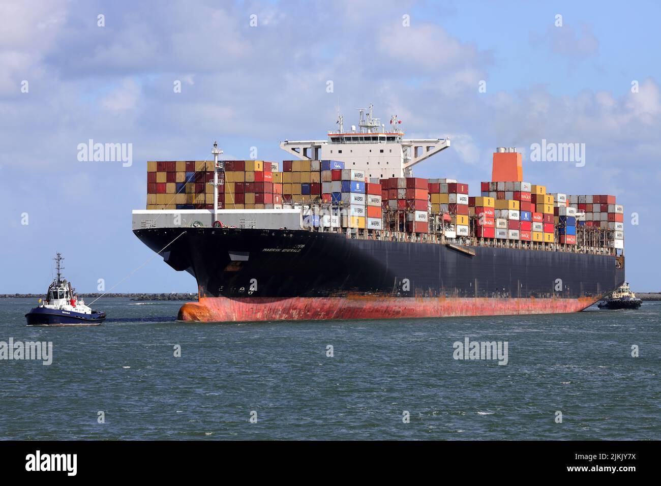 The container ship Maersk Emerald arrives in the port of Rotterdam on May 28, 2022. Stock Photo