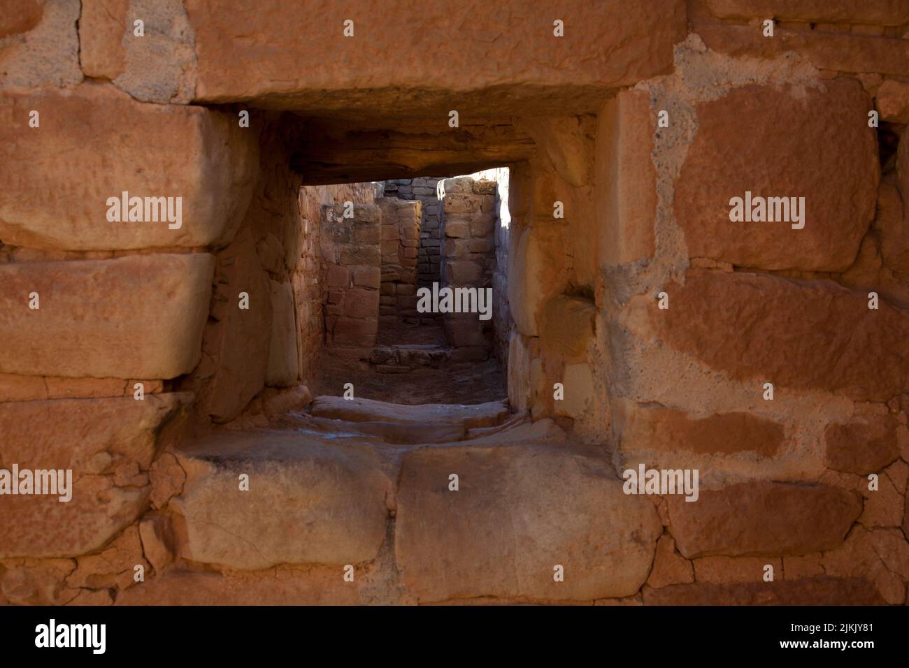 Anasazi adobe brick windows and doorways at Sun Temple ruins located inside Mesa Verde National Park in Colorado, A.D. 1250 Stock Photo