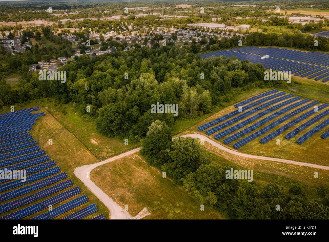 Solar farm aerial, DTE Turill Plant, Lapeer, Michigan Stock Photo