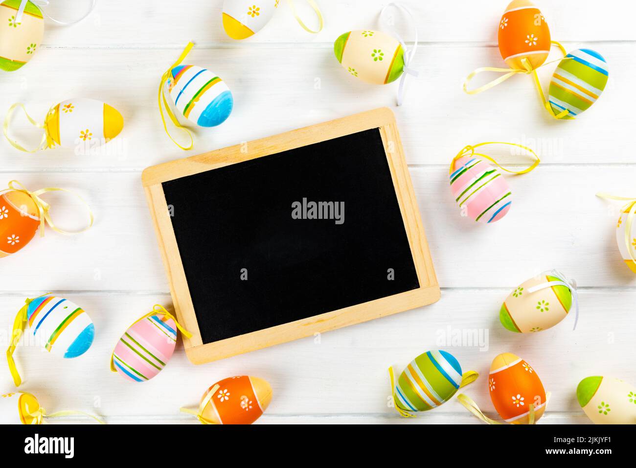 colorful easter eggs with chalkboard Stock Photo