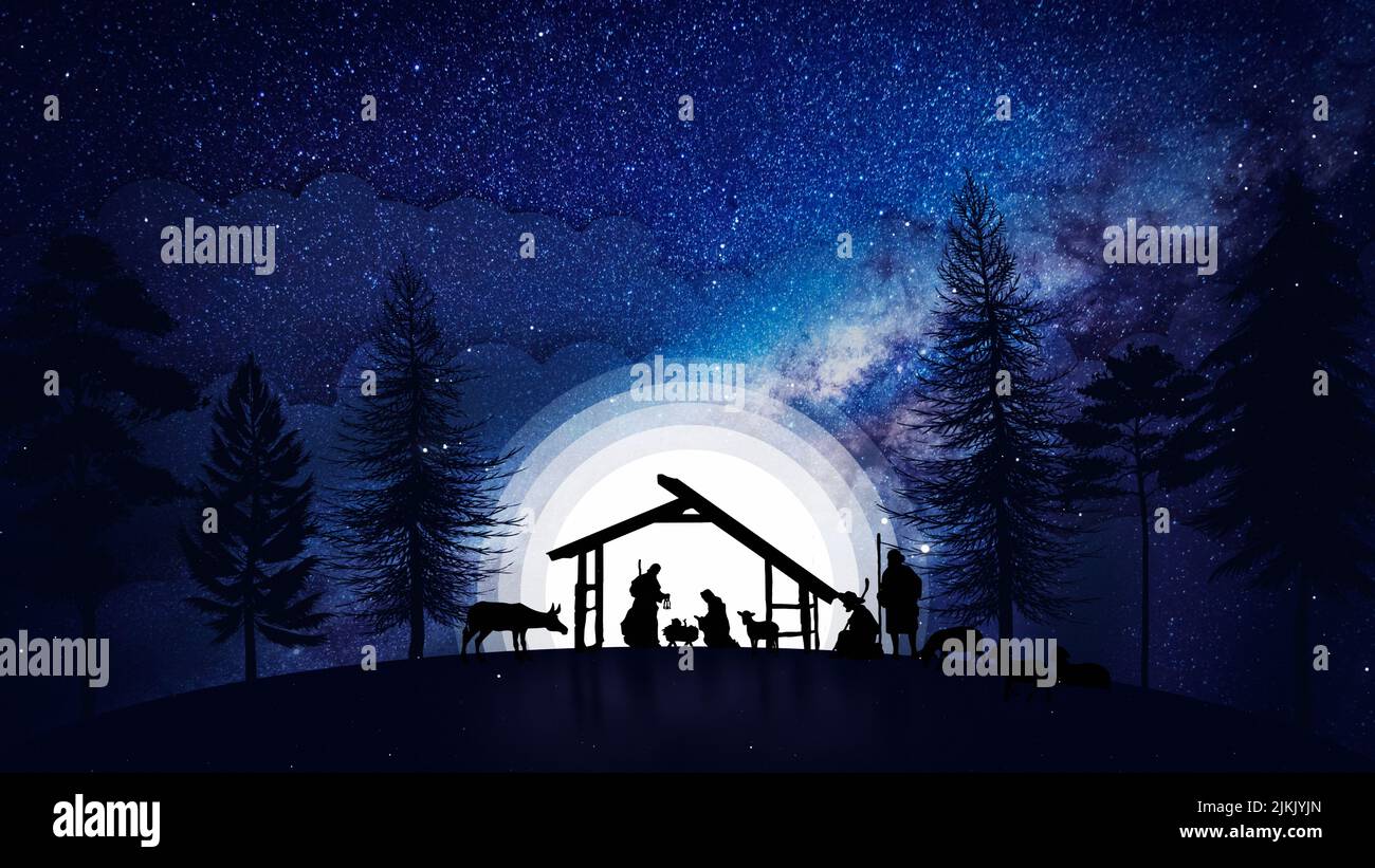 Christmas Scene animation with twinkling stars and nativity characters. Nativity Christmas story under starry sky and moving wispy clouds on blue. Stock Photo