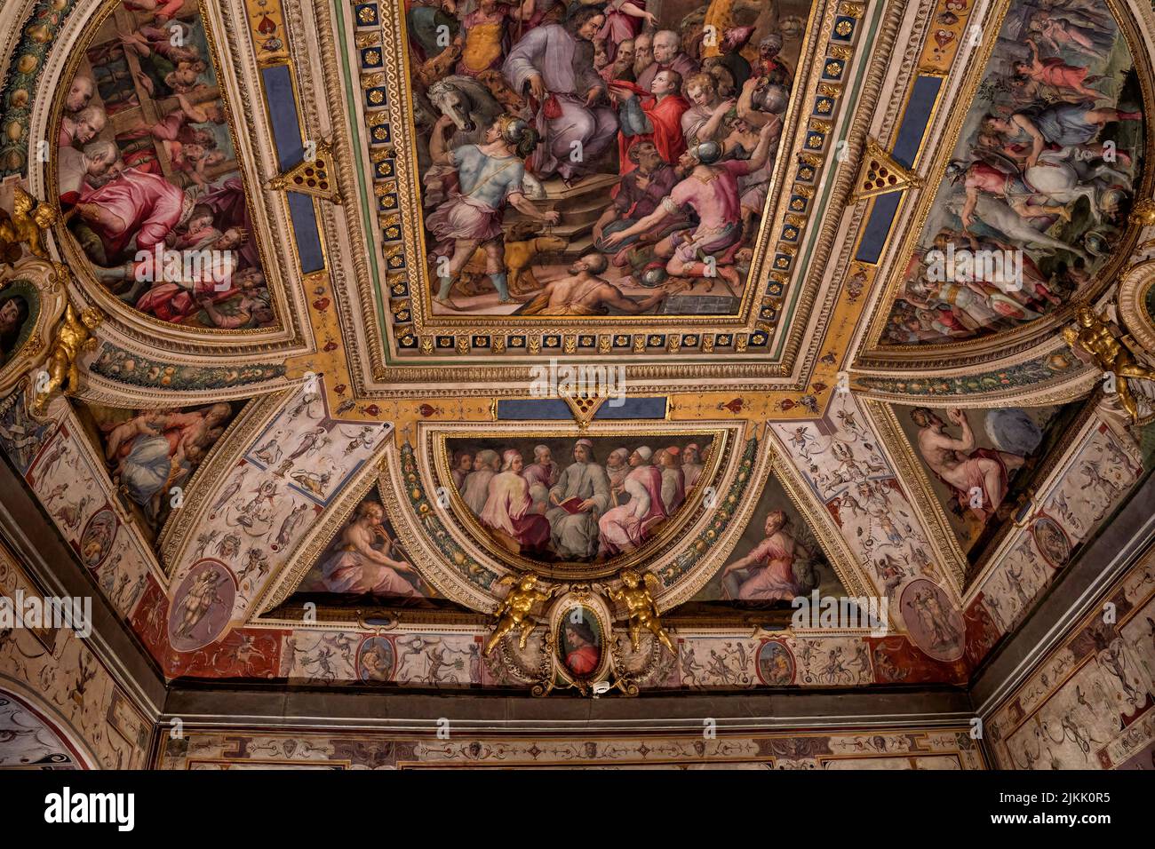 A low angle shot of the decorated ceiling by Giorgio Vasari in the Palazzo Vecchio, Florence, Italy Stock Photo