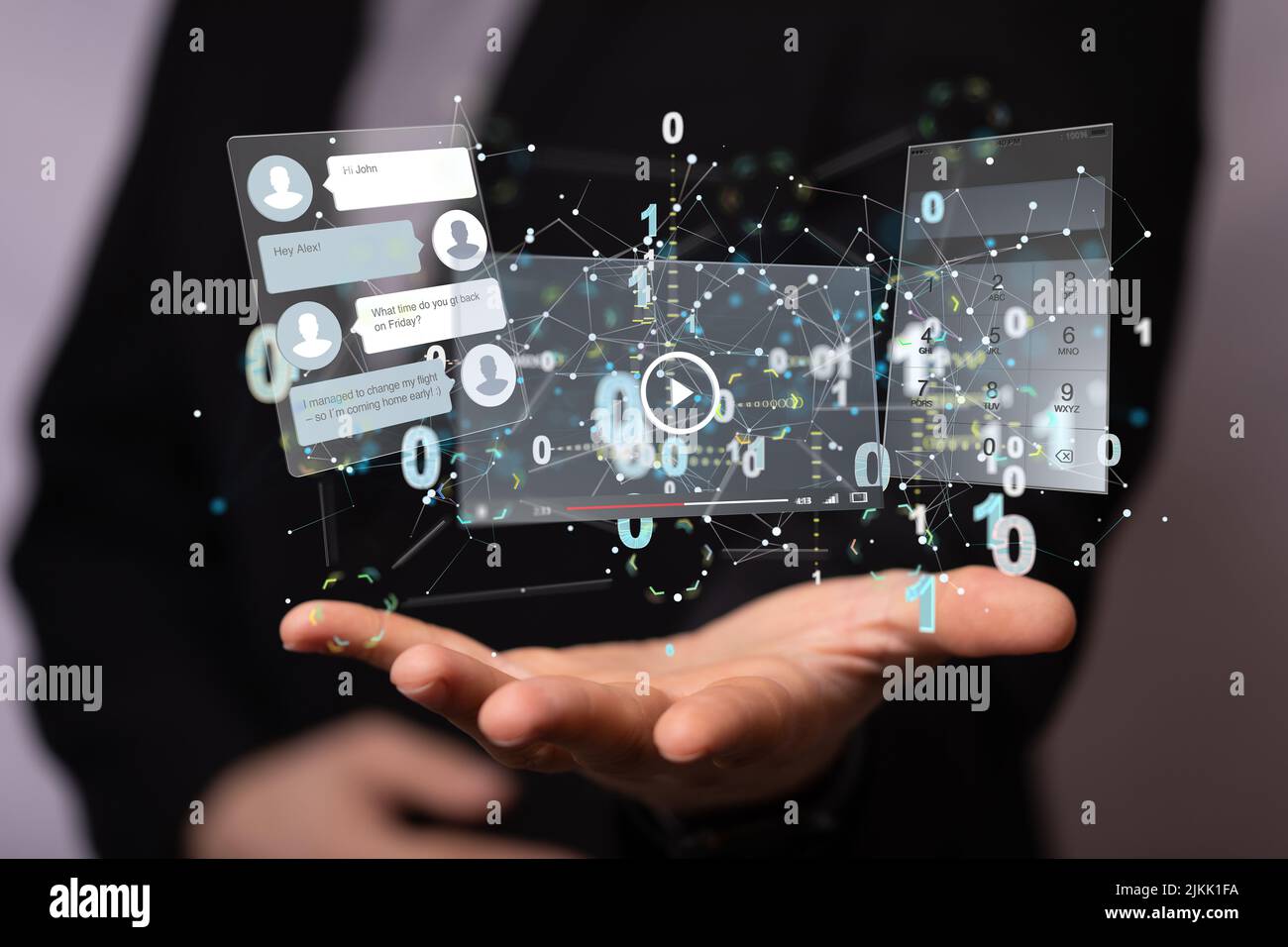 a shot of develop interface web application flying over mans hand Stock Photo