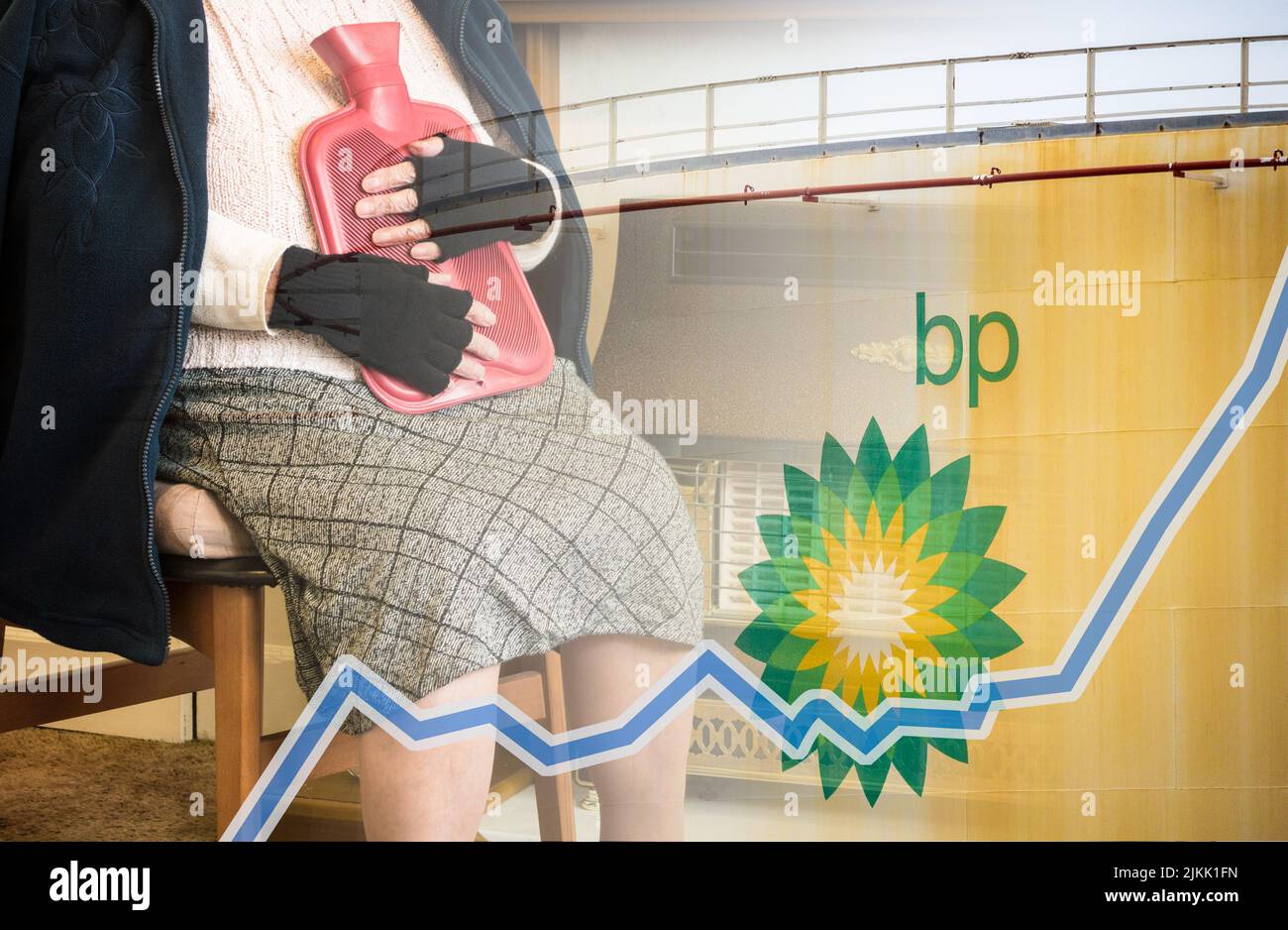 Elderly lady holding hot water bottle, sitting near gas fire that's turned off. BP fuel storage tank and profit graph line composite. BP profits... Stock Photo