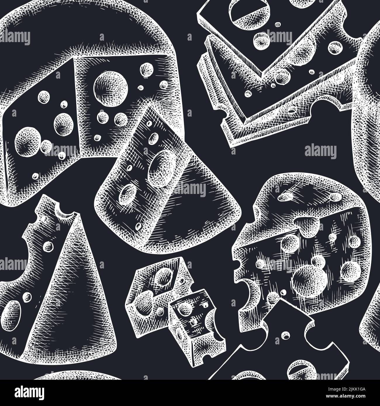 Cheese seamless pattern background design. Engraved style. Hand drawn maasdam. Stock Vector
