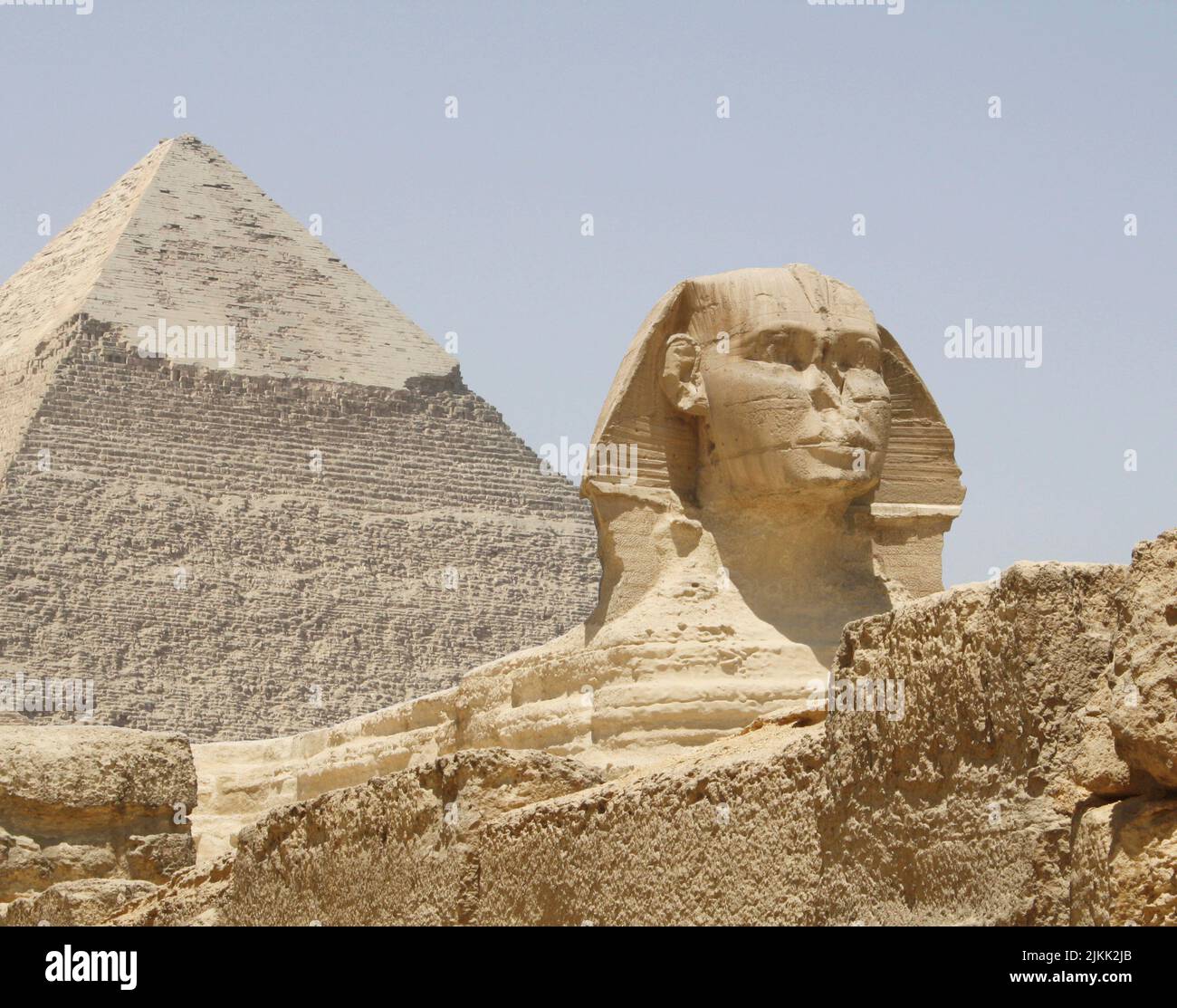 SPHINX AND PYRAMID IN GIZA VALLEY, EGYPT Stock Photo