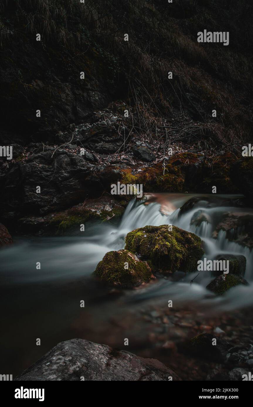 A beautiful vertical shot of a stream flowing through mossy rocky with