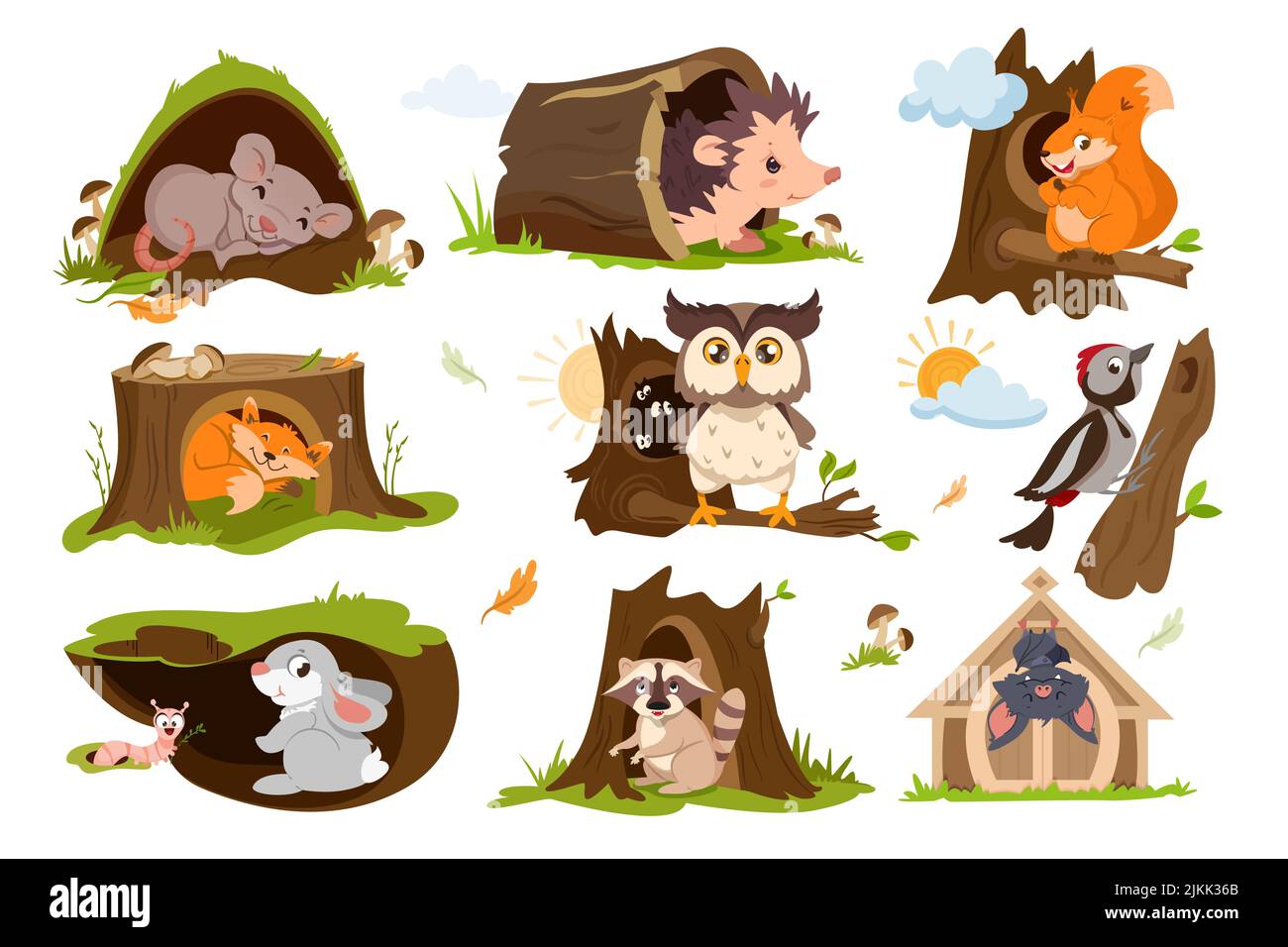 Set of forest animals sleep or hibernate in tree hole houses. Woodland burrows with cute fox, squirrel, owl, raccoon, hare and hedgehog. Woodpecker on a branch with hollow flat vector illustration. Stock Vector