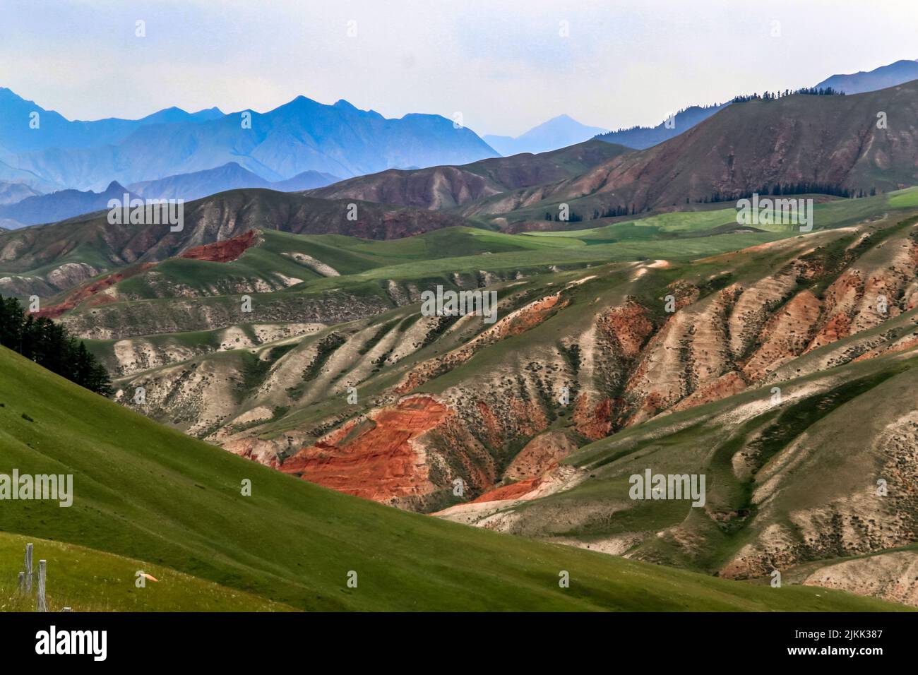 A beautiful landscape view of the green meadows Qilian Shan Mountain range in China with blue sky Stock Photo