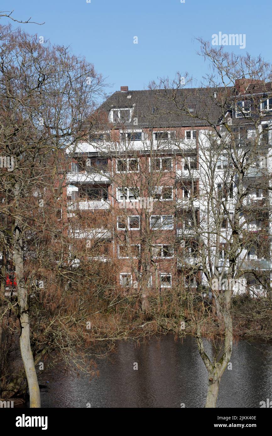 Wohnhäuser, Mehrfamilienhäuser mit kahlen Bäumen m Winter, Bremen Stock Photo