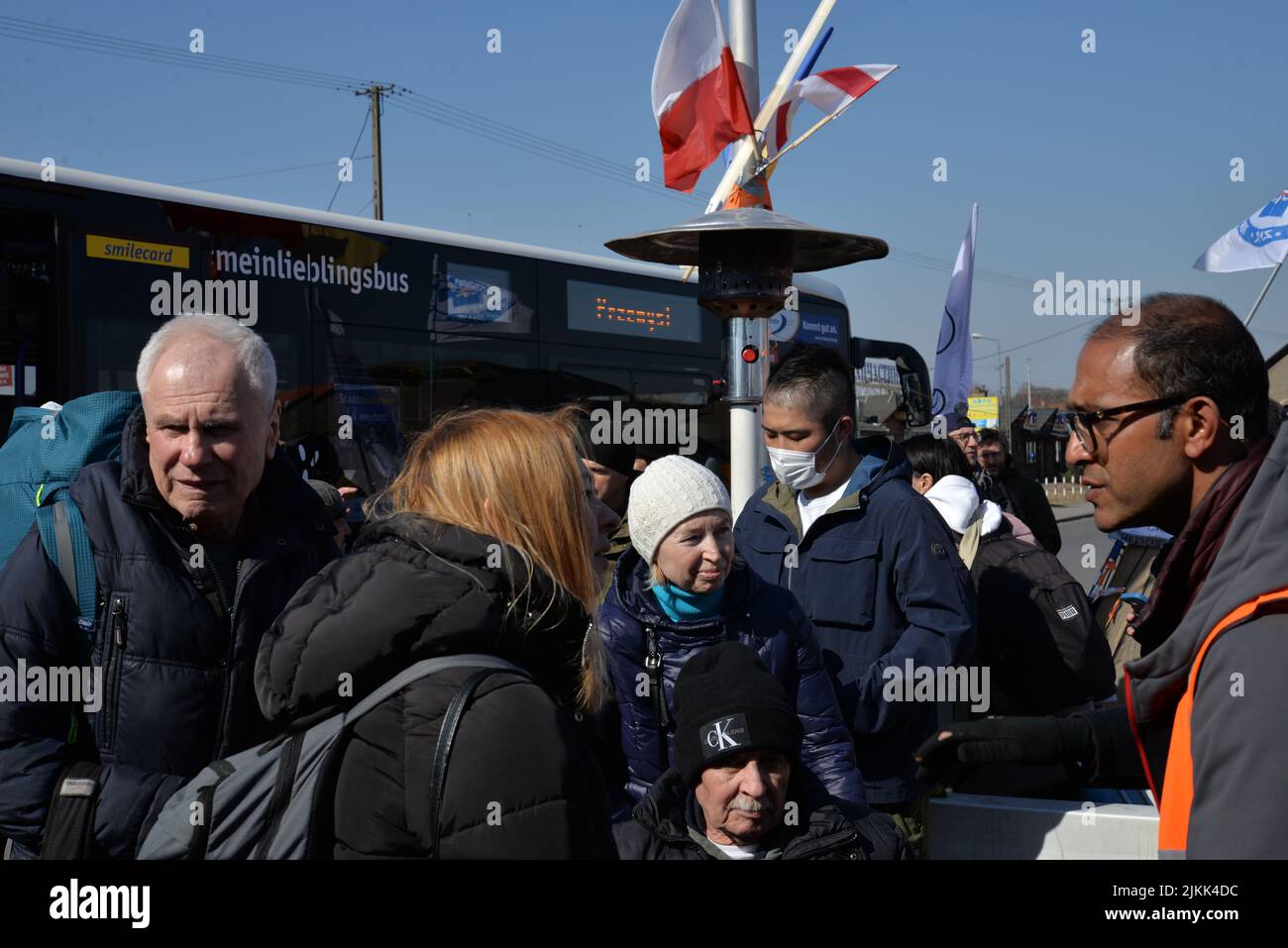 The volunteers and refugees at the Ukraine Refugee Welcome Centre in Medyka, Poland. Stock Photo