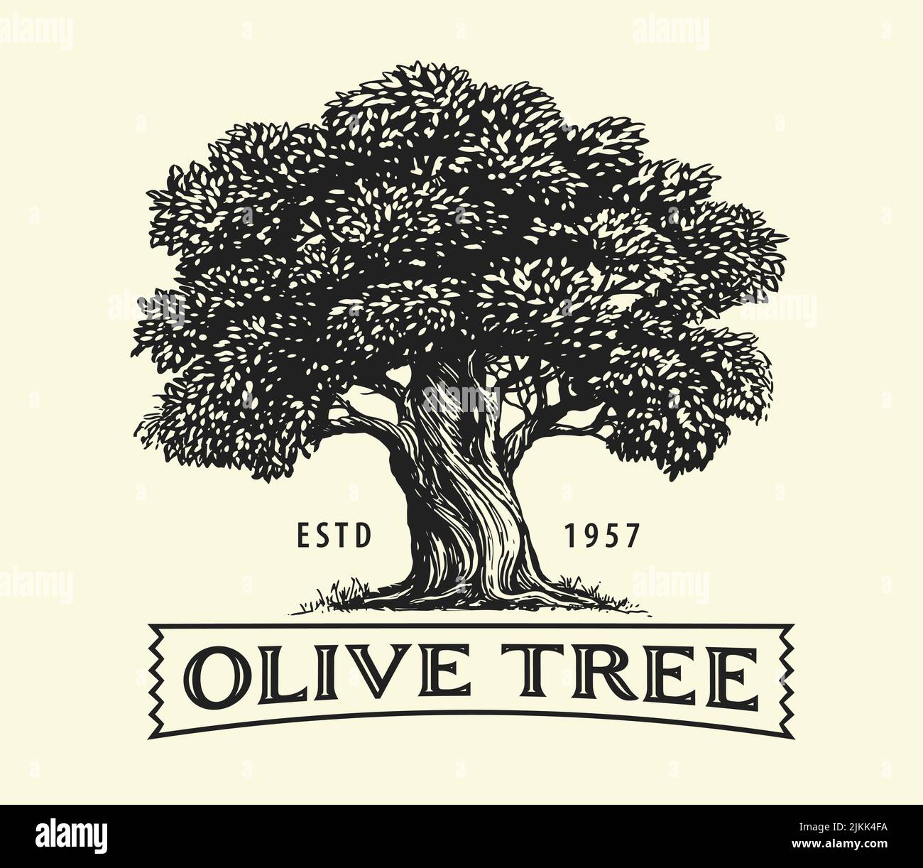 Olive tree with olives on branches. Olive oil emblem sketch. Hand drawn vector illustration in vintage engraving style Stock Vector