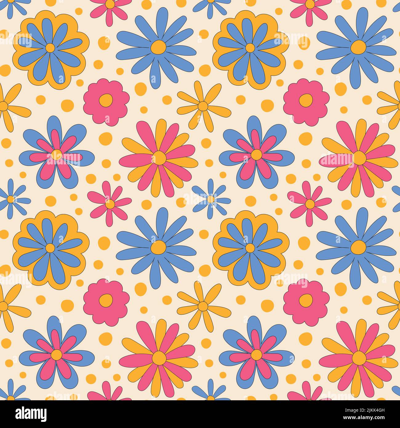 Seamless pattern with retro psychedelic daisy flowers. Stock Vector
