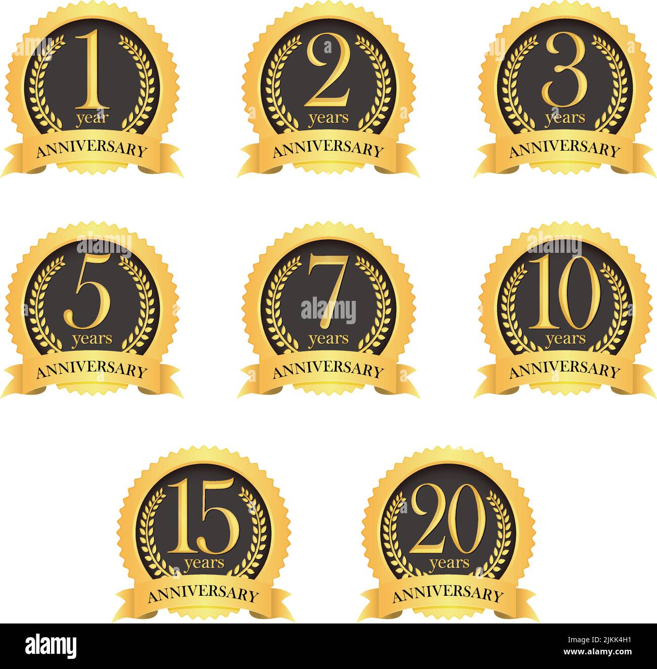 Golden anniversary medal icon set from 1st to 20th. Stock Vector