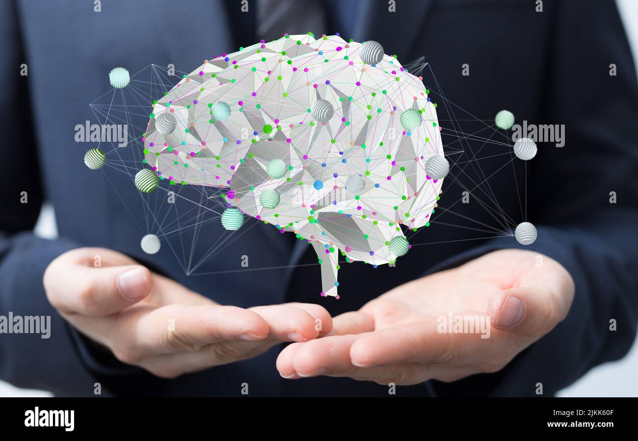 A 3d illustration of the human brain in the hands- the concept of ...