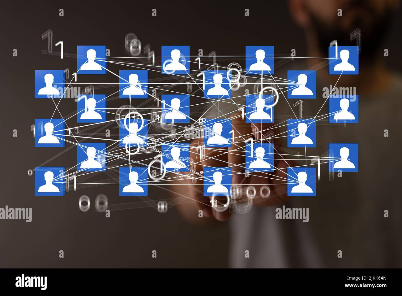 A person tapping on a hovering network with blue people icons Stock ...
