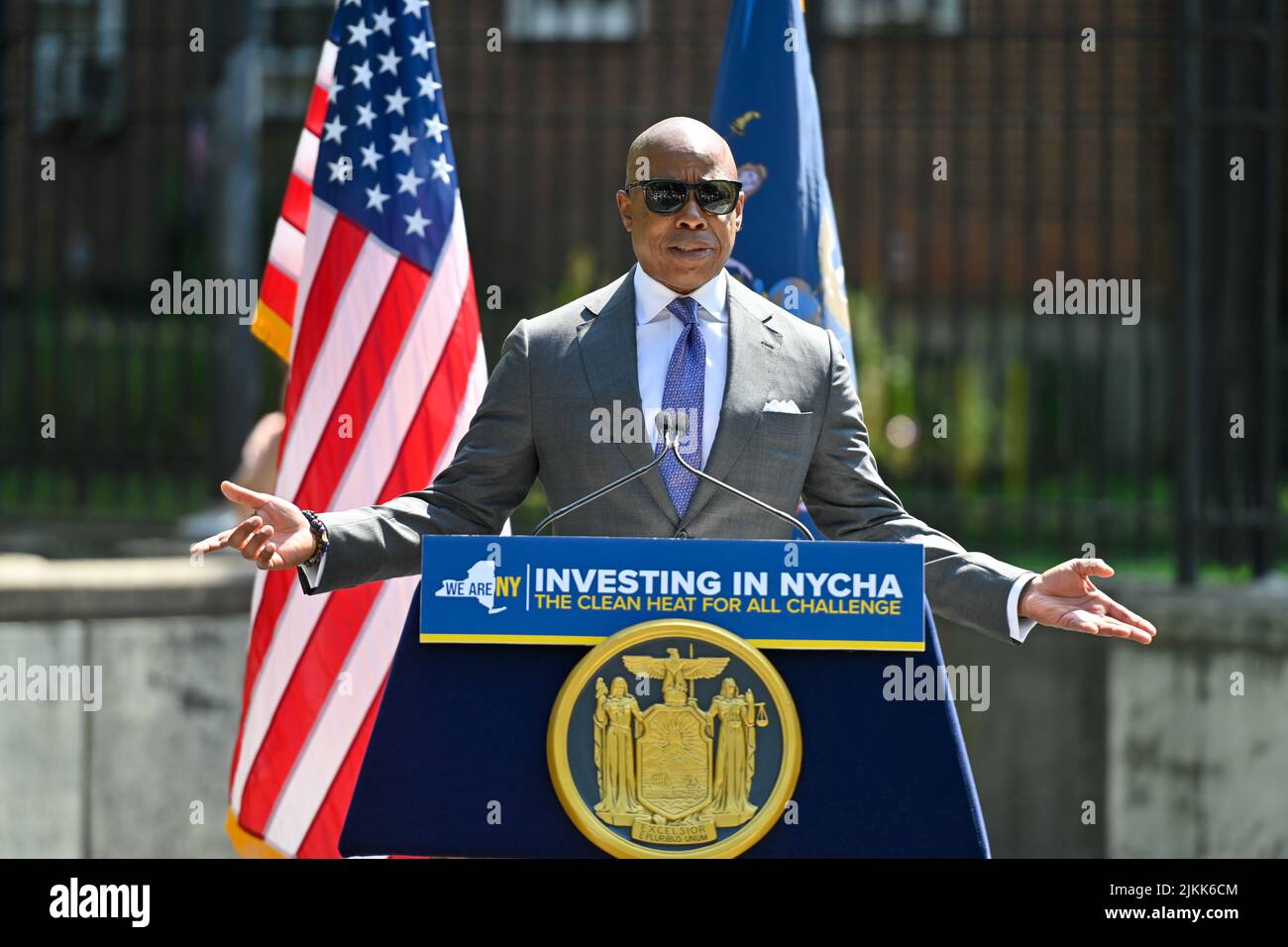 Mayor Eric Adams makes a housing and clean energy announcement at the