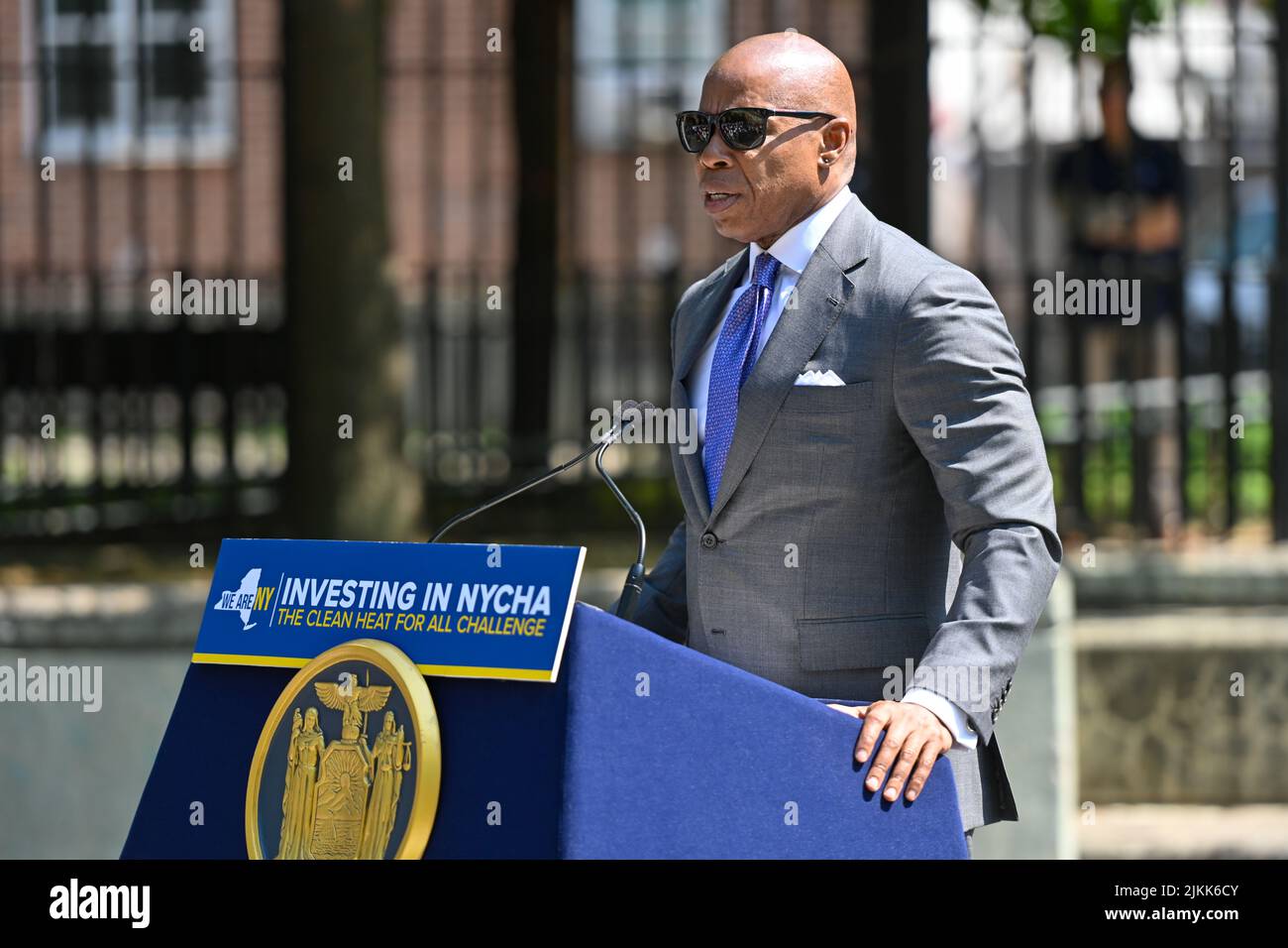 Mayor Eric Adams makes a housing and clean energy announcement at the