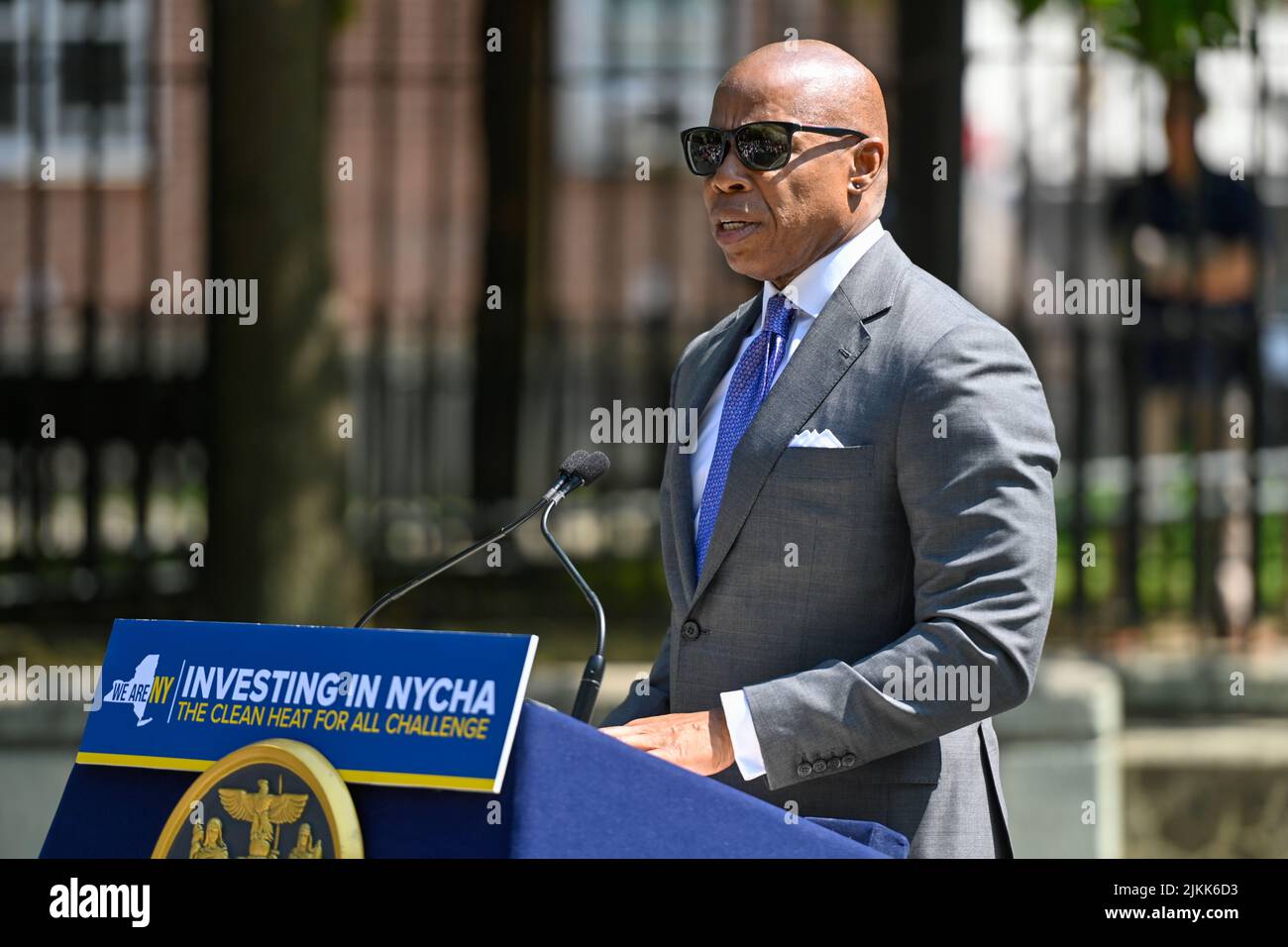 Mayor Eric Adams makes a housing and clean energy announcement at the