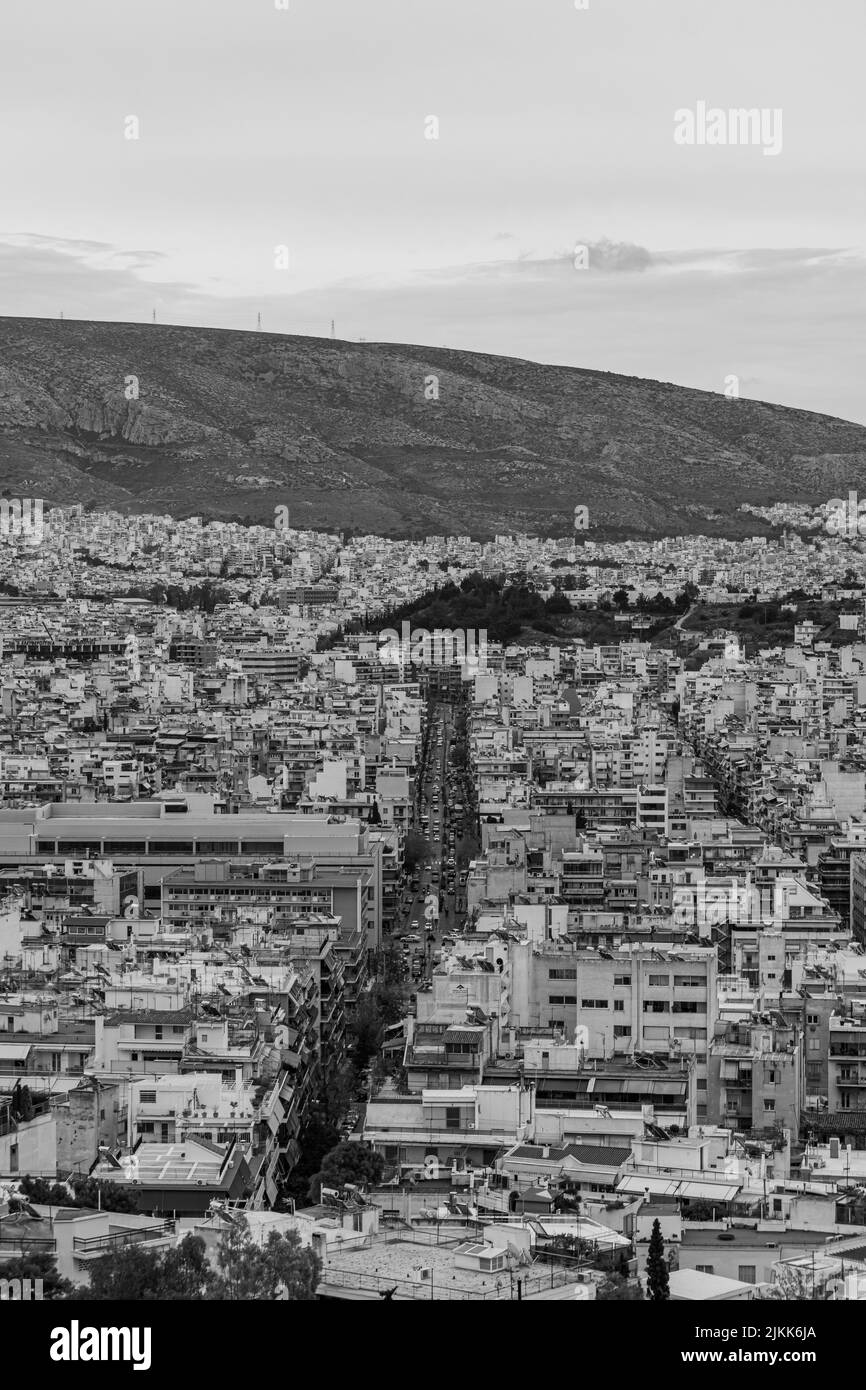 A vertical grayscale of a town with old buildings Stock Photo - Alamy