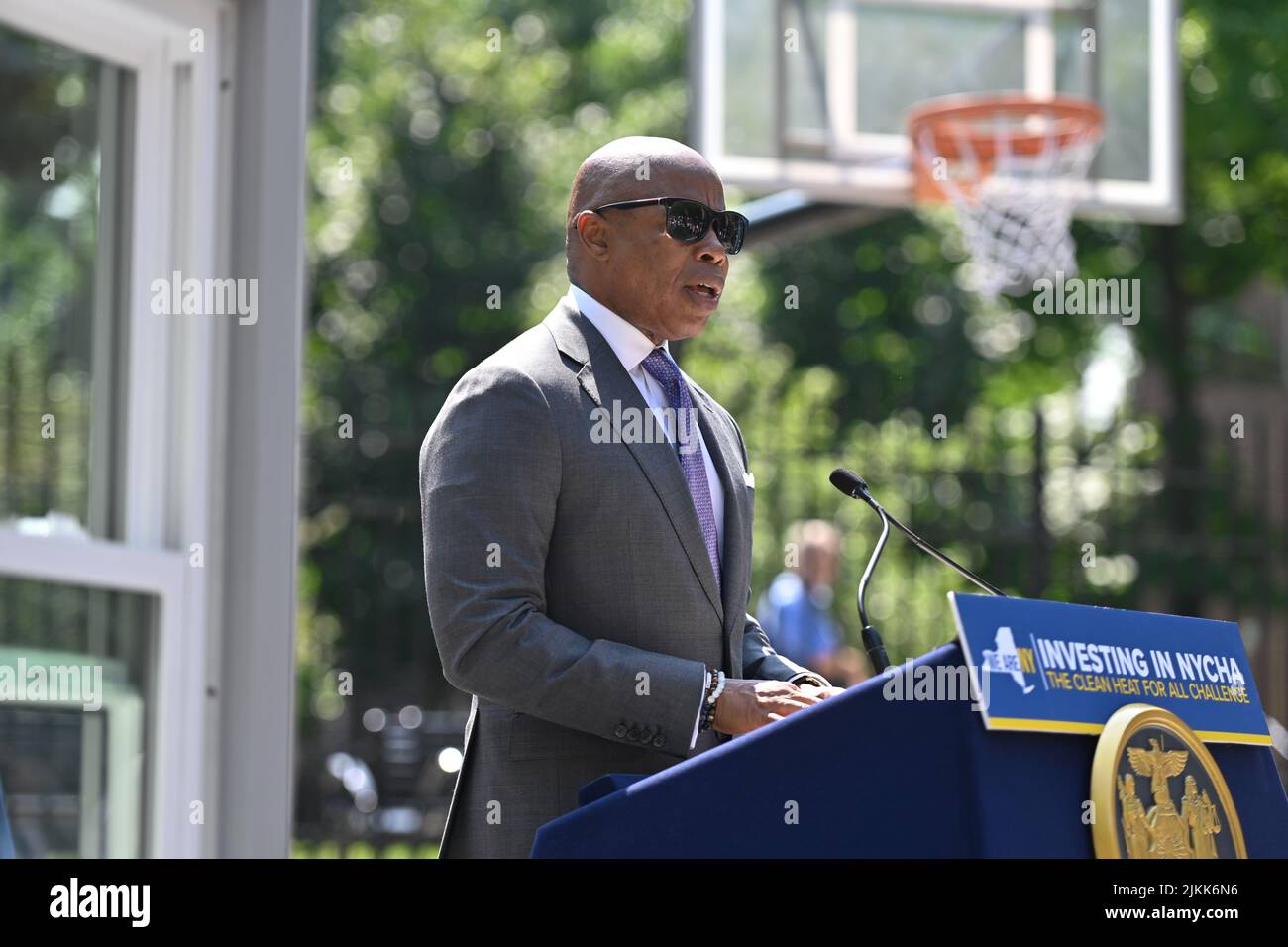 Mayor Eric Adams makes a housing and clean energy announcement at the