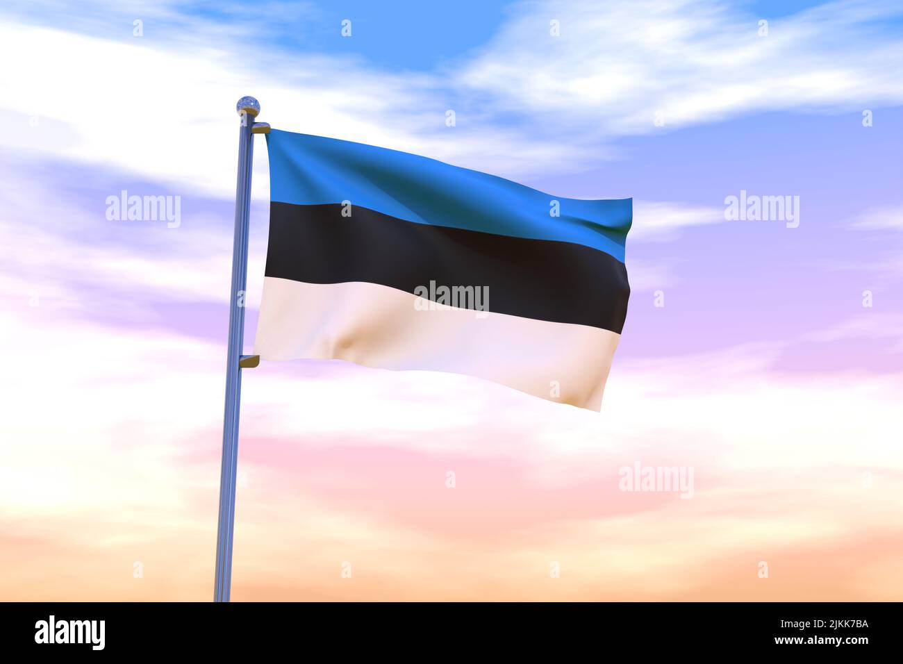 Waving flag of Estonia with chrome flag pole in blue sky waving in the ...