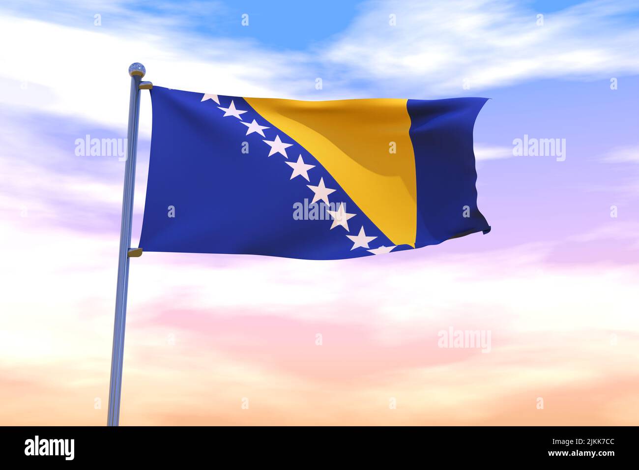 Waving flag of Bosnia and Herzegovina with chrome flag pole in blue sky ...