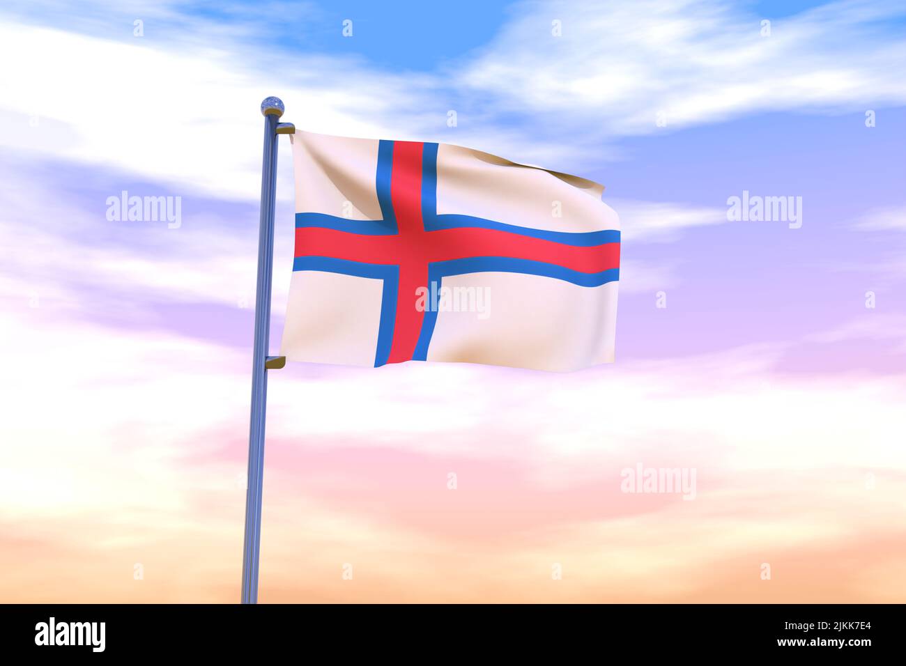 Waving flag of Faroe Islands with chrome flag pole in blue sky waving ...